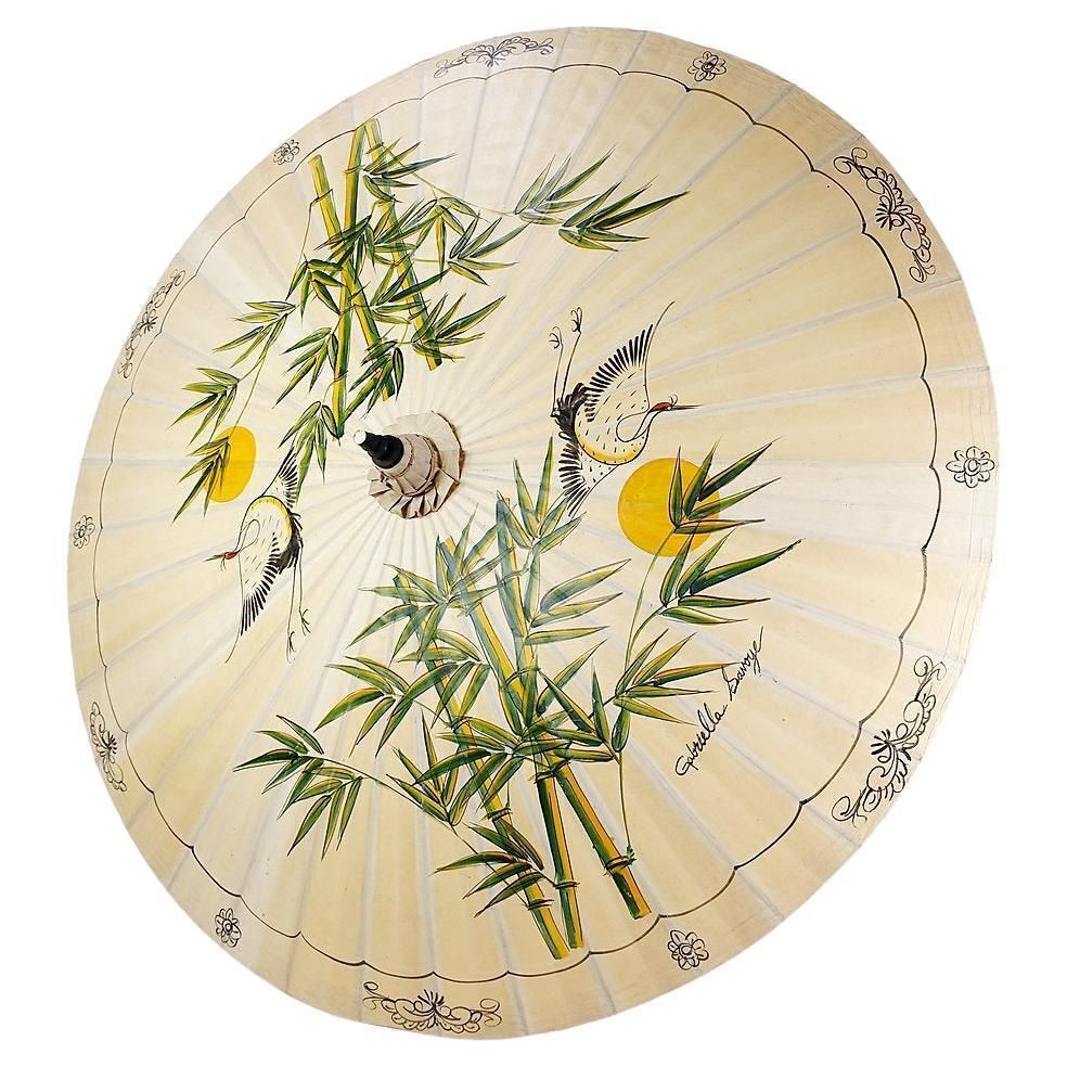 Large Handpainted Asian Parasol On Rice Paper   Chinese Cranes And Bambo ø 215cm