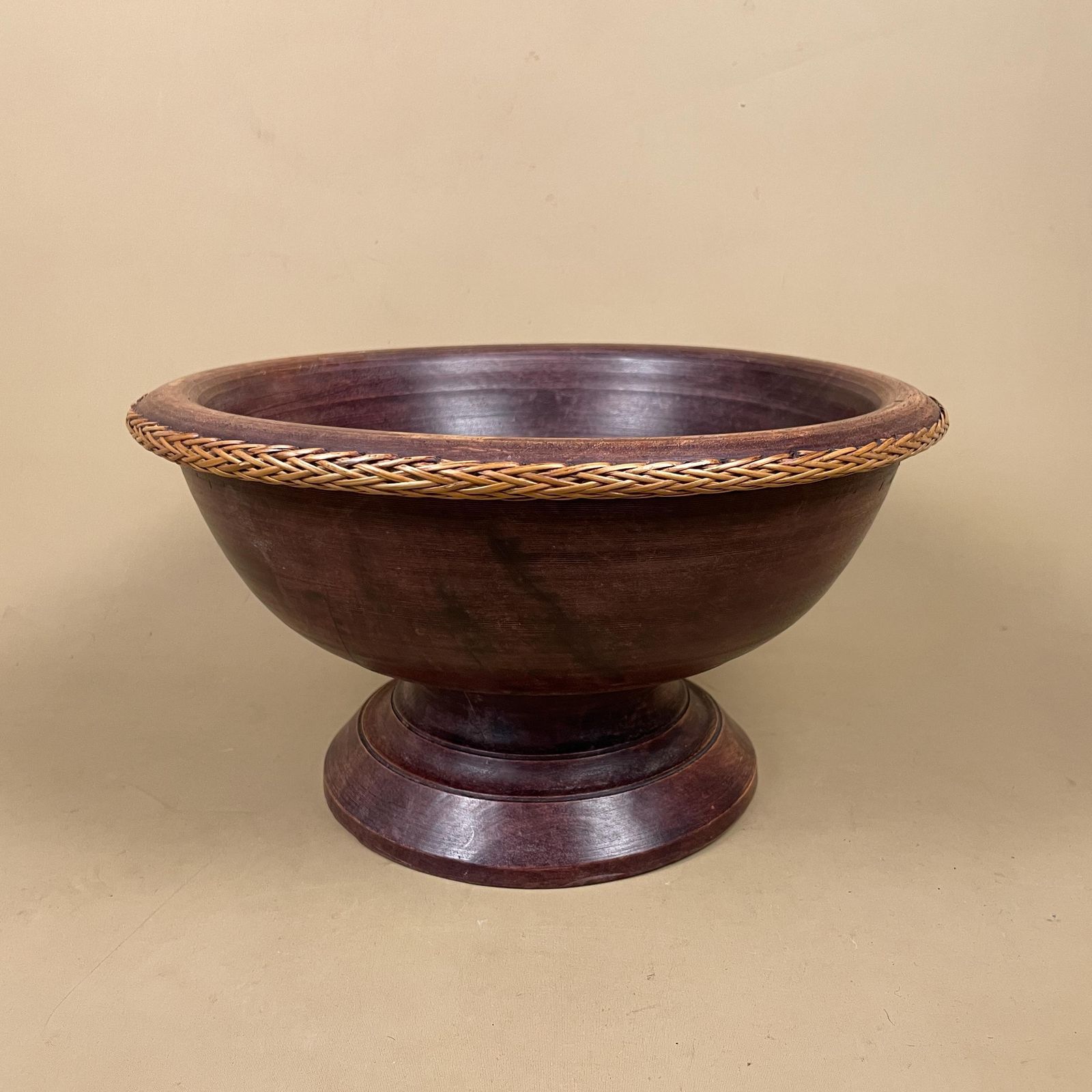 Vintage Wooden Pedestal Bowl Rattan Edge Hand Turned Fruit Bowl Serving Dish Table Display Rustic Tropical Wood Centerpiece photo 75.0