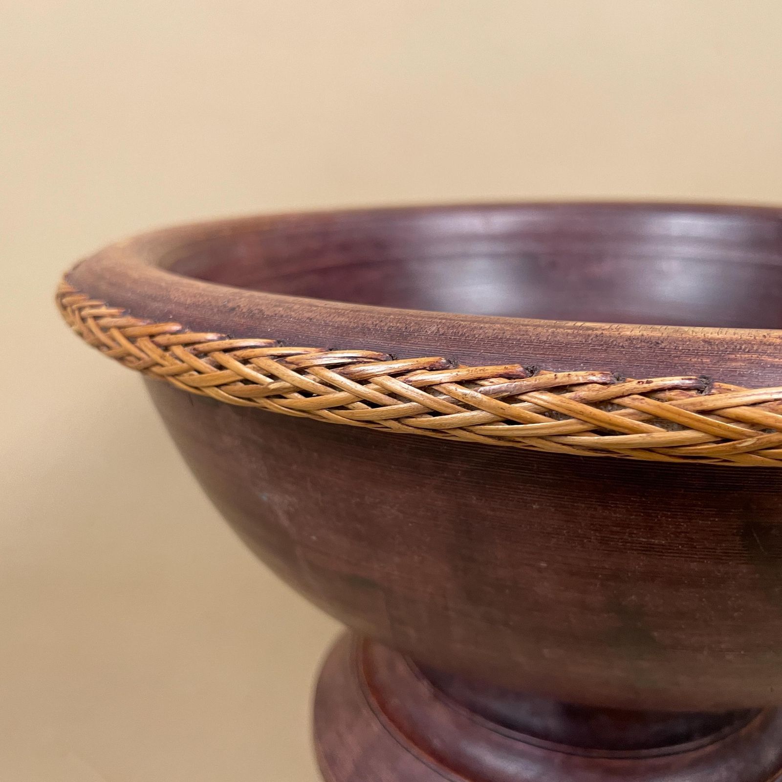 Vintage Wooden Pedestal Bowl Rattan Edge Hand Turned Fruit Bowl Serving Dish Table Display Rustic Tropical Wood Centerpiece photo vinterior