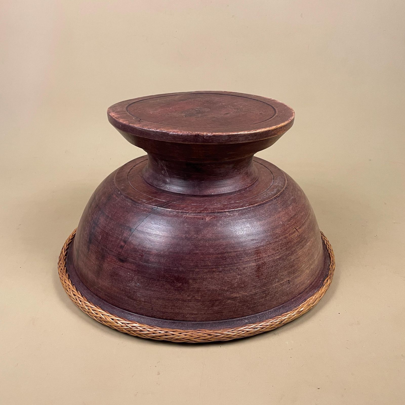 photo for sale Vintage Wooden Pedestal Bowl Rattan Edge Hand Turned Fruit Bowl Serving Dish Table Display Rustic Tropical Wood Centerpiece