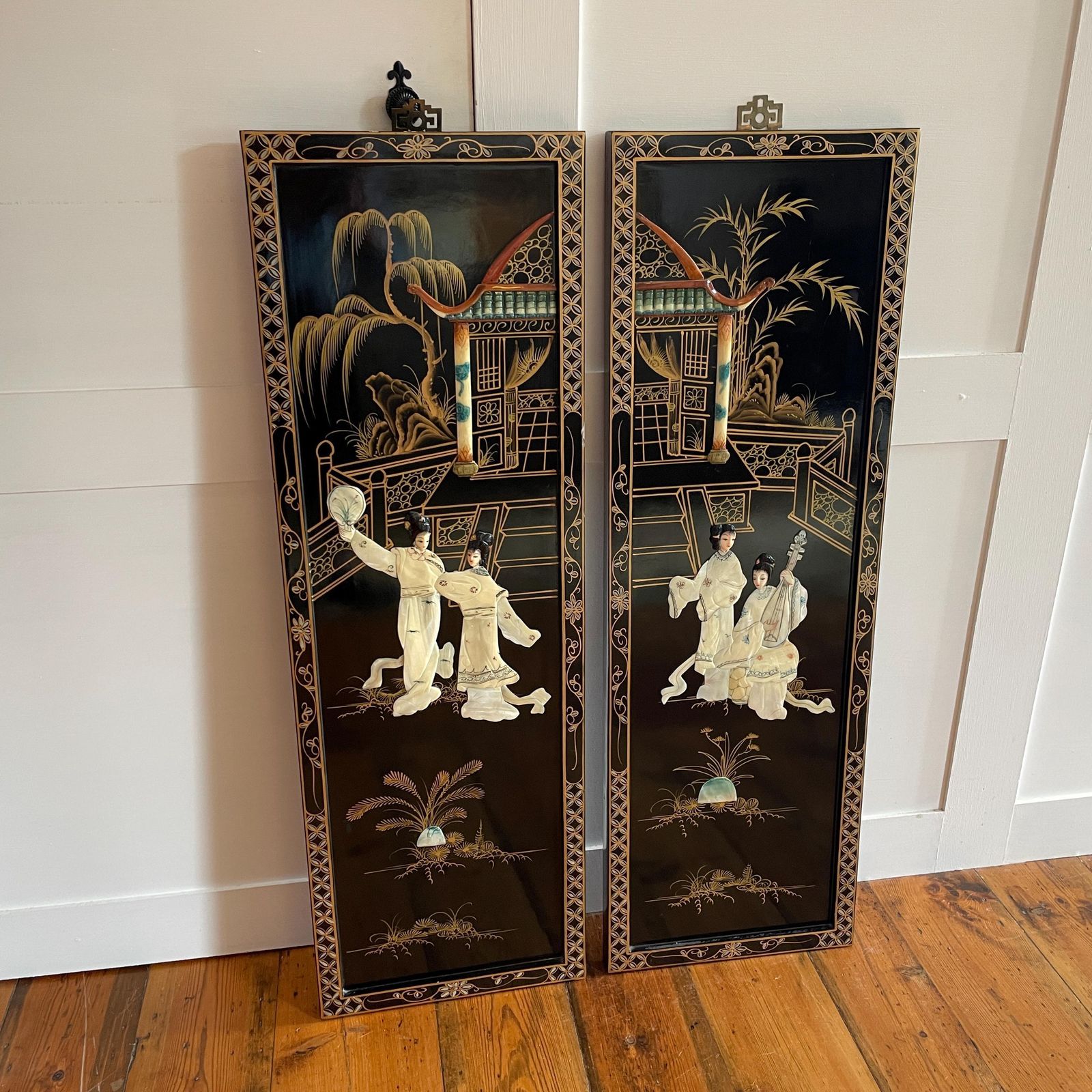Japanese Soapstone Wall Panels Figures Black Lacquer Pair Oriental Screens Pictures Decorative Asian Wall Hanging photo for sale