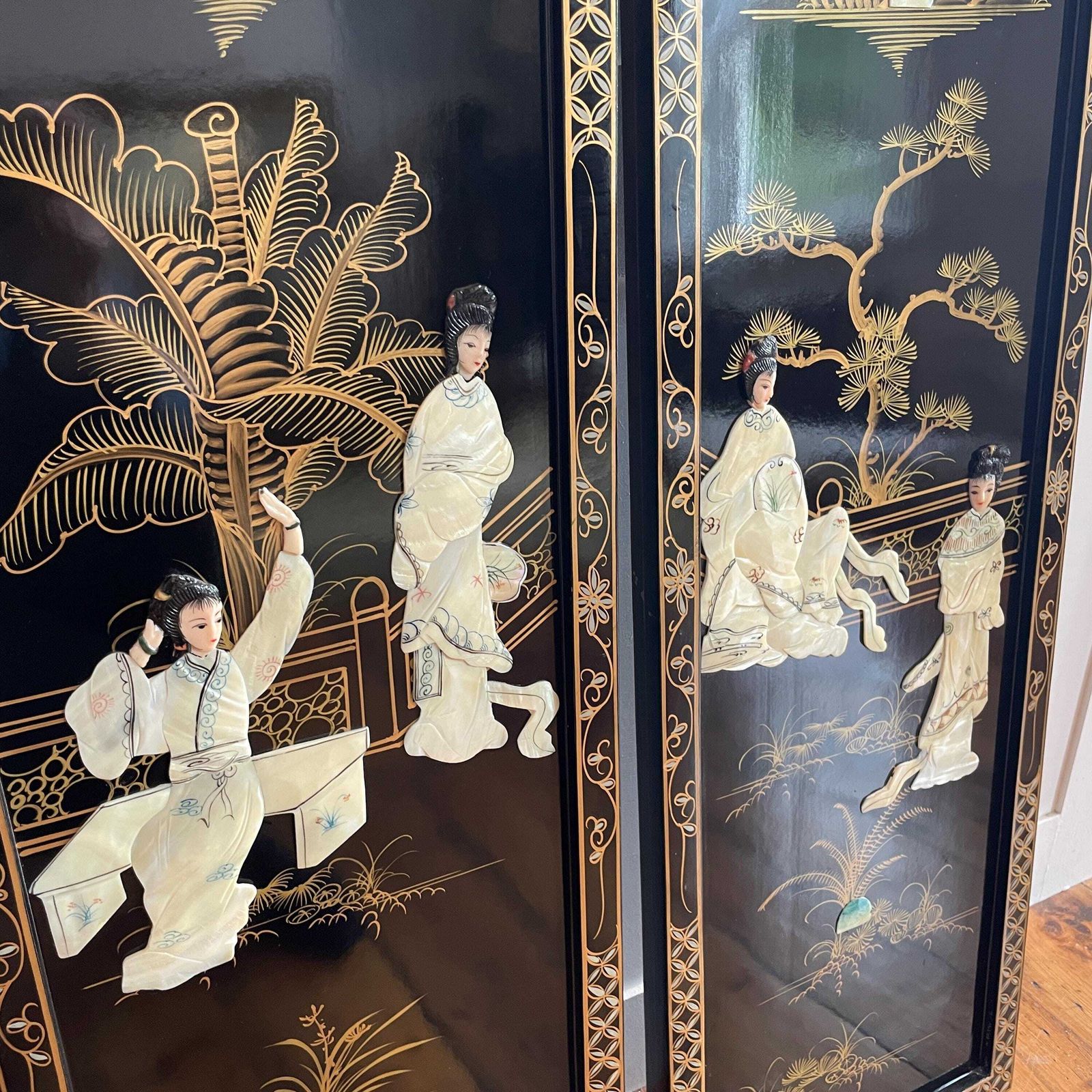 Japanese Soapstone Wall Panels Figures Black Lacquer Pair Oriental Screens Pictures Decorative Asian Wall Hanging photo vintage