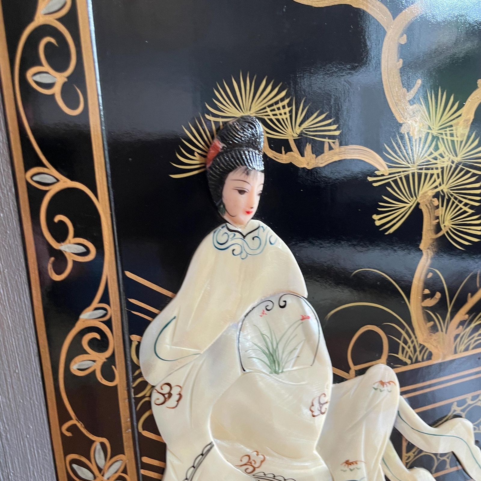 photo furniture Japanese Soapstone Wall Panels Figures Black Lacquer Pair Oriental Screens Pictures Decorative Asian Wall Hanging