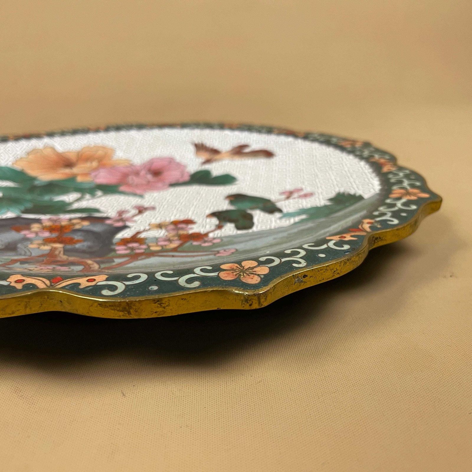 Vintage Chinese Cloisonne Plate Floral Bird Enamel Scalloped Edge Dish Oriental Decorative Charger Display Decor Blue Green photo vintage