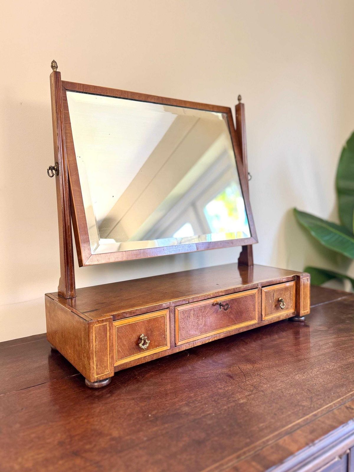 Antique Wooden Vanity Mirror With Storage Drawers, Tabletop Dressing Desk Mirror