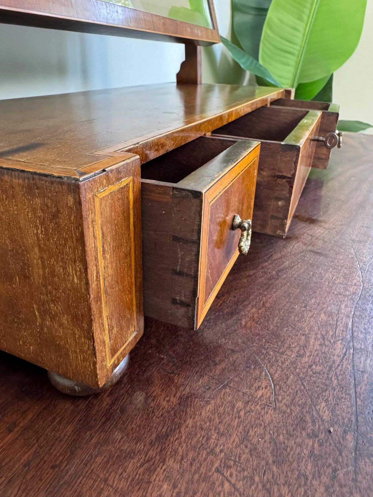 Antique Wooden Vanity Mirror With Storage Drawers, Tabletop Dressing Desk Mirror photo for sale