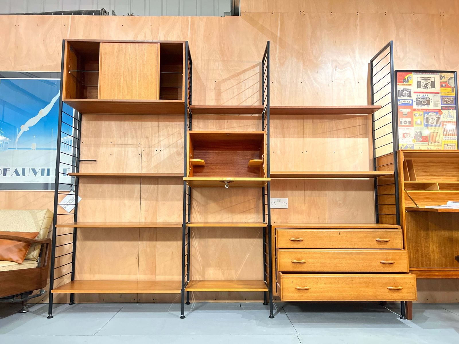 Staples Teak Ladderax Wall System, Three Bays With Cabinets And Shelves photo furniture