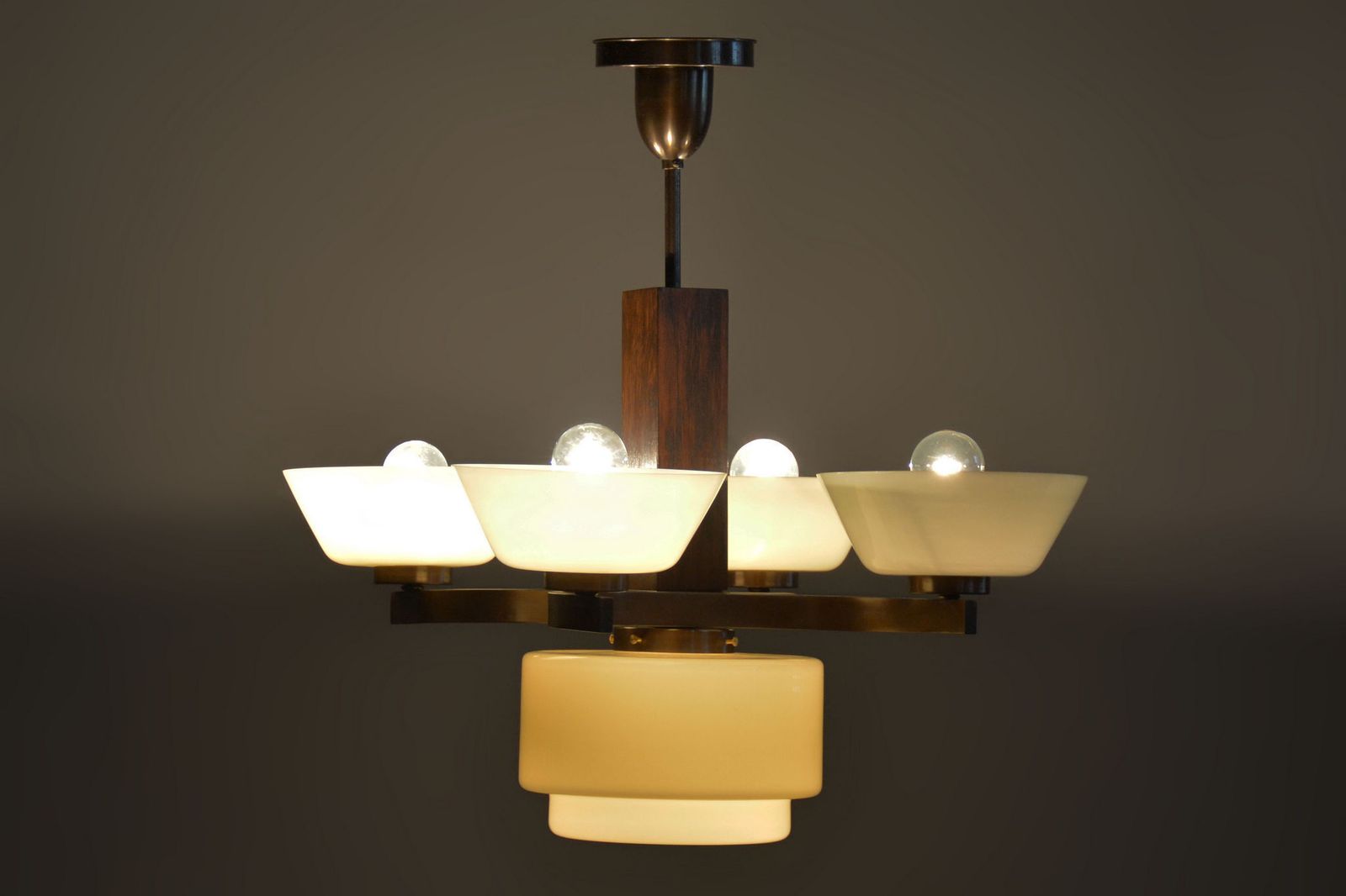 Restored Art Deco Chandelier, Oak, Brass, Opaline Glass, Czech, 1920s photo vintage