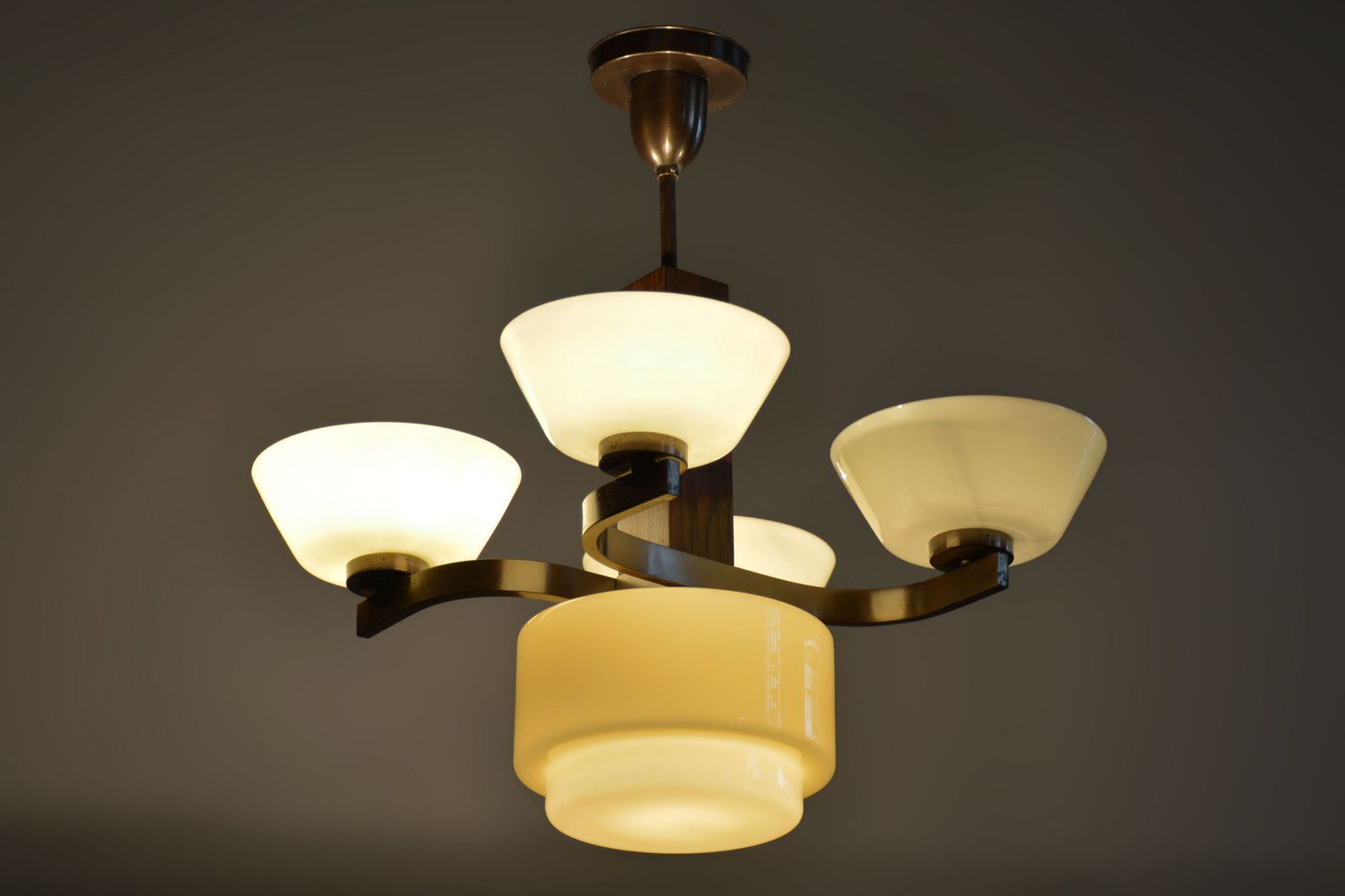 photo furniture Restored Art Deco Chandelier, Oak, Brass, Opaline Glass, Czech, 1920s