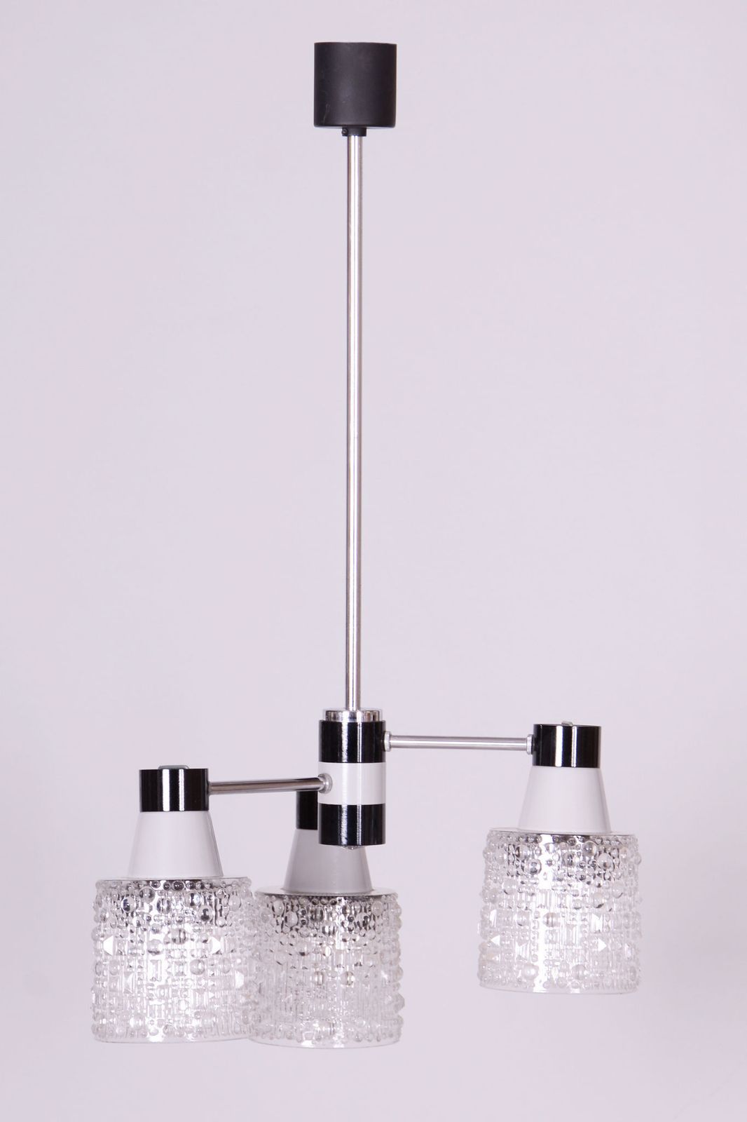 photo furniture Restored Mid Century Chandelier, By Drukov, Chrome, Opaline Glass, Czech, 1970s