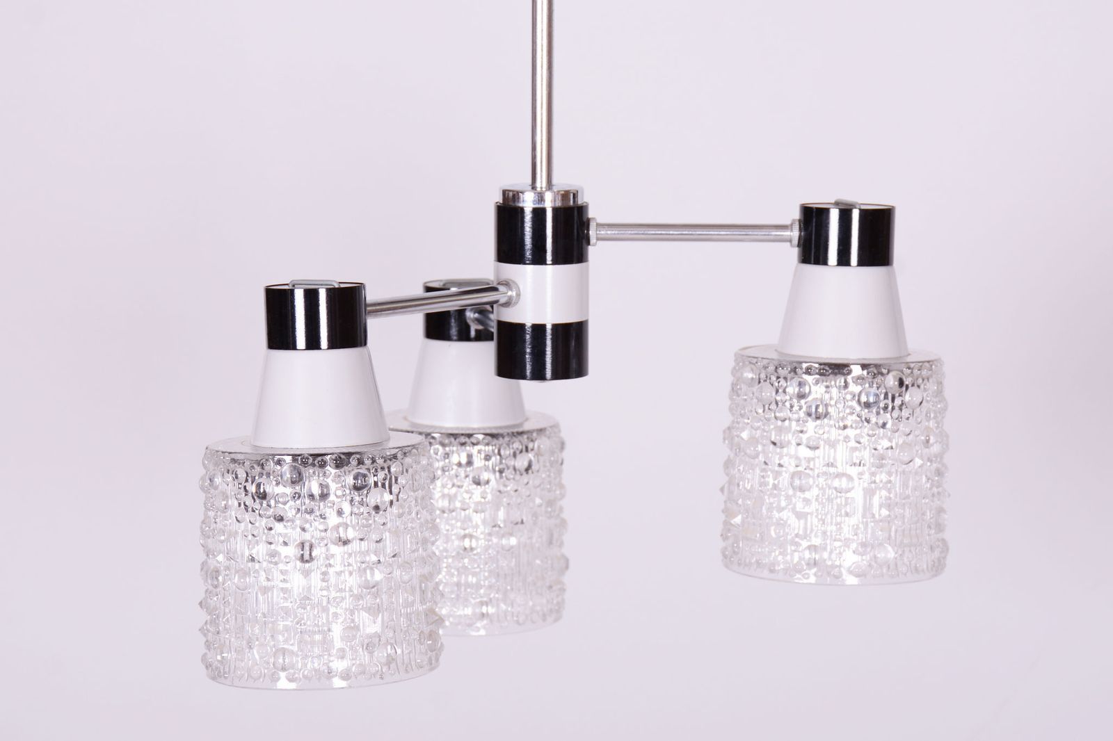 Restored Mid Century Chandelier, By Drukov, Chrome, Opaline Glass, Czech, 1970s photo for sale