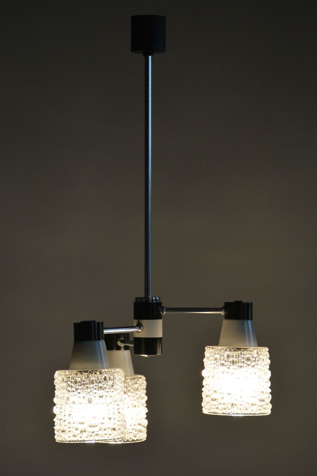 photo for sale Restored Mid Century Chandelier, By Drukov, Chrome, Opaline Glass, Czech, 1970s