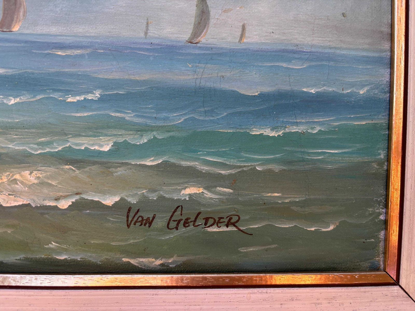 20th Century Sailing Ships, Oil On Canvas Painting, Signed Gilt Frame Dutch photo furniture