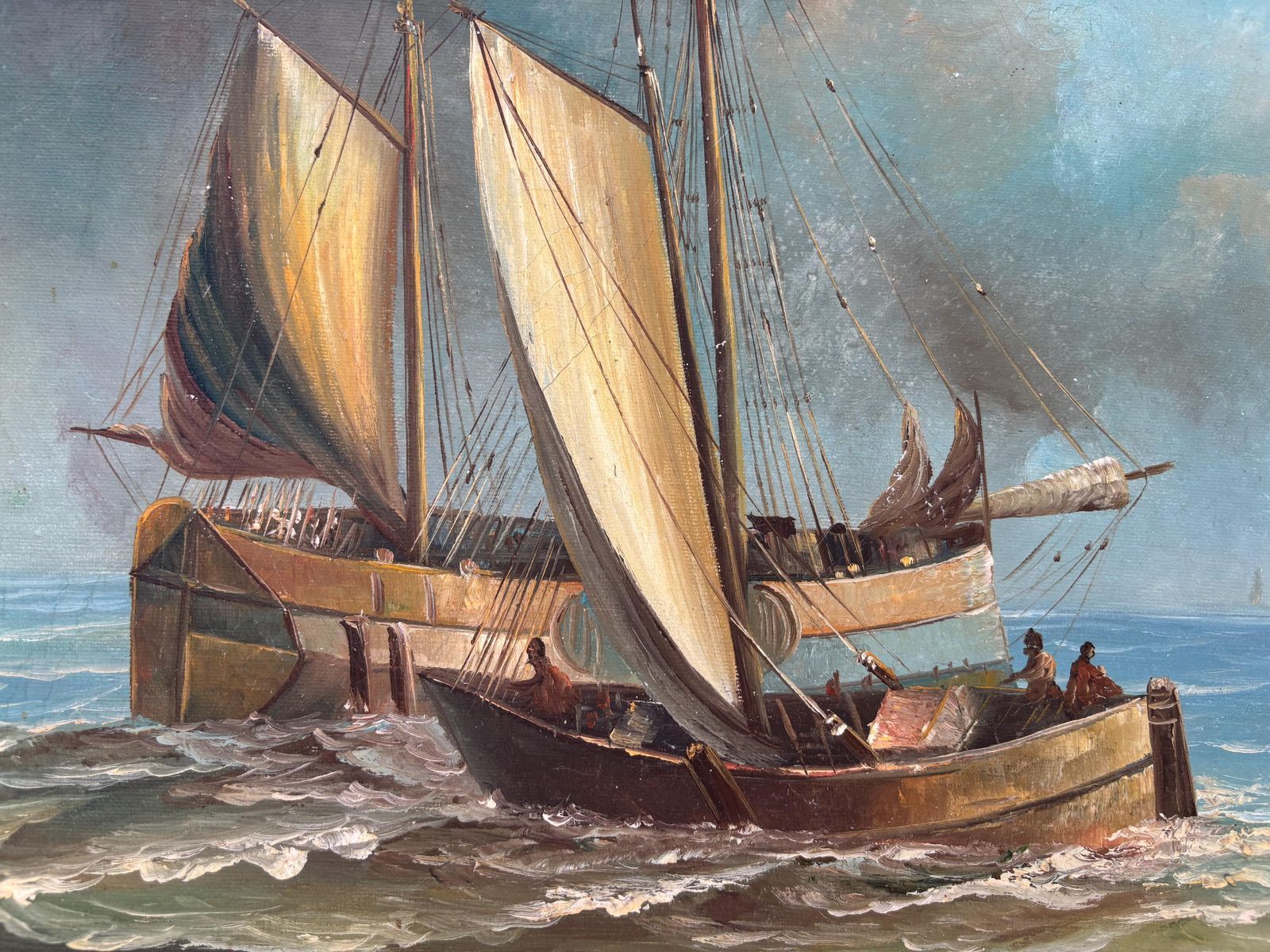 20th Century Sailing Ships, Oil On Canvas Painting, Signed Gilt Frame Dutch photo Art