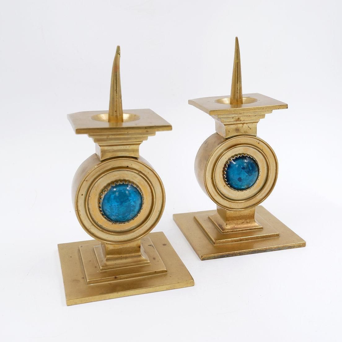 Pair Of Brass Candlesticks Decorated With A Blue Stone Inlaid In The Center photo furniture