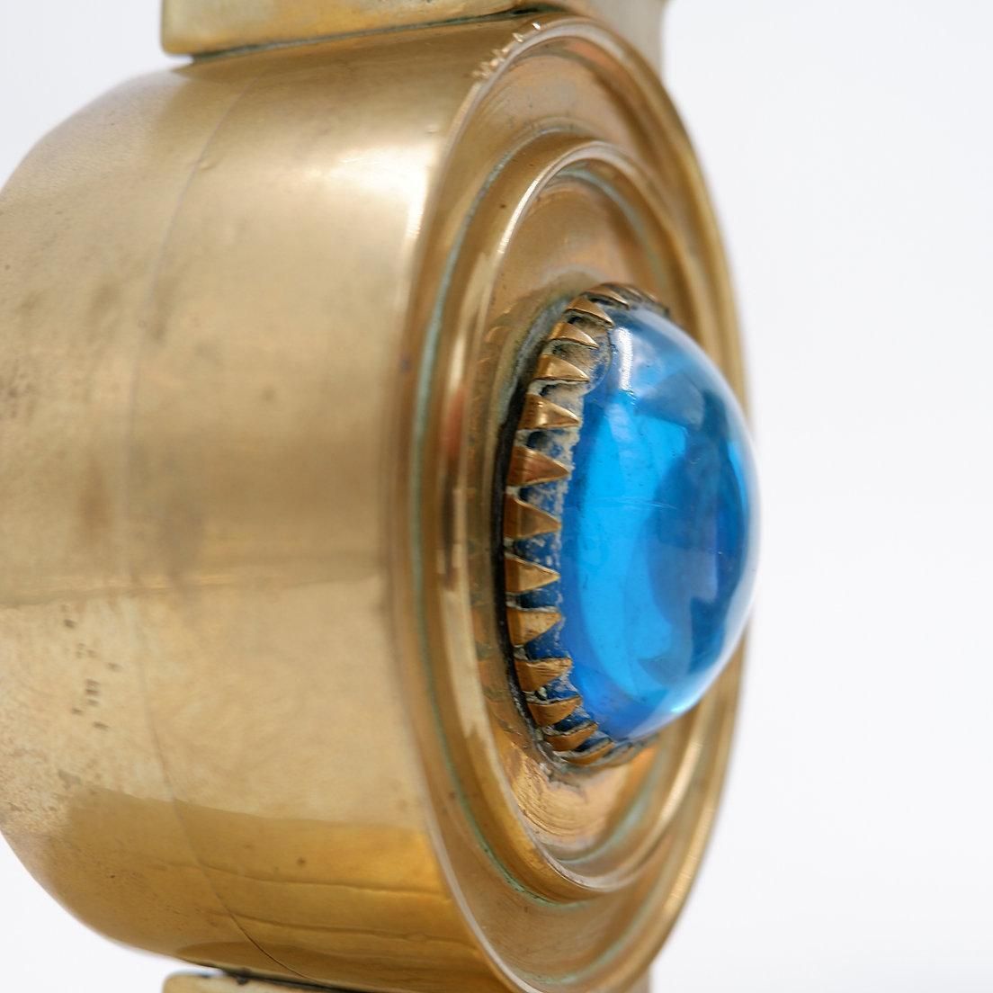 Pair Of Brass Candlesticks Decorated With A Blue Stone Inlaid In The Center photo Home Decor