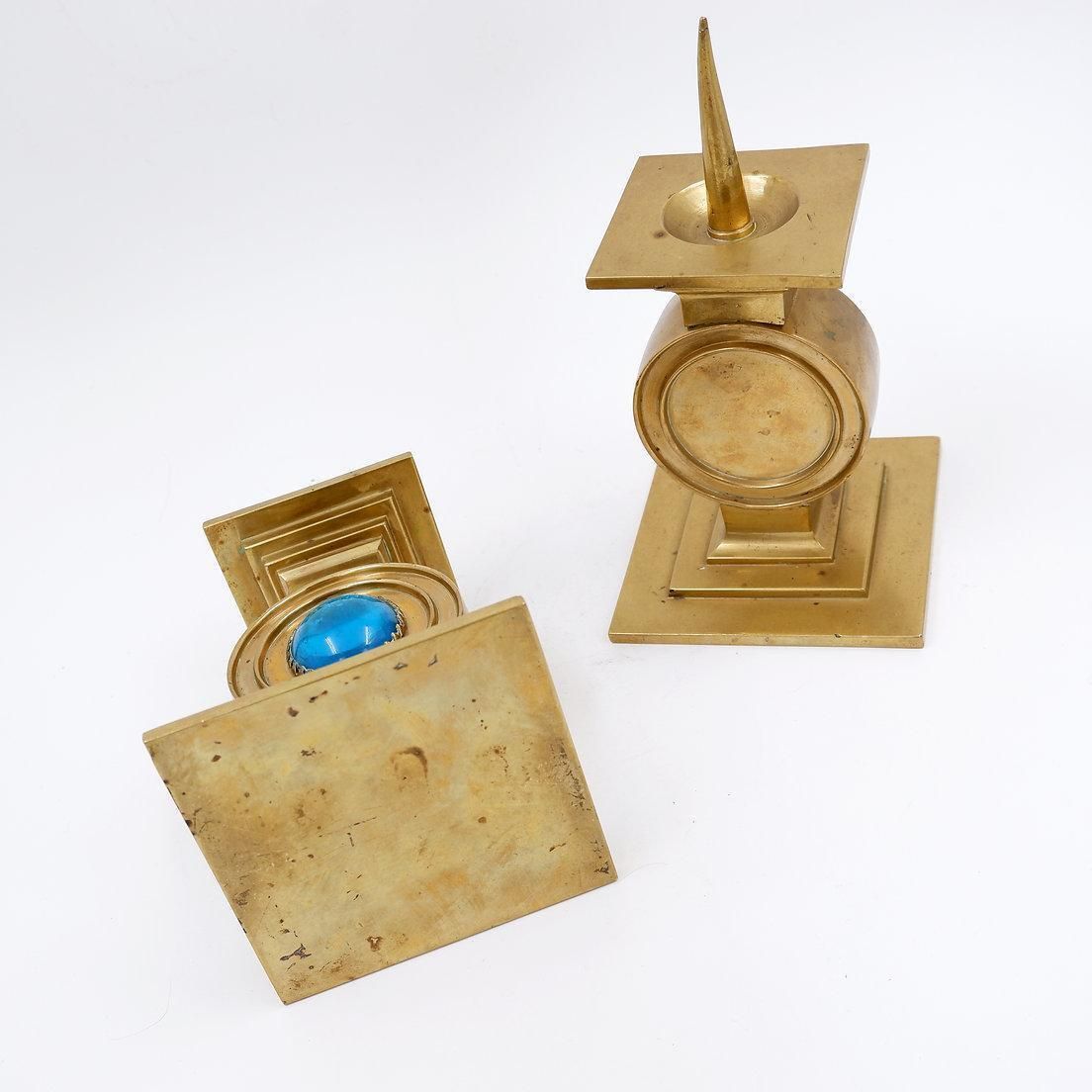 photo for sale Pair Of Brass Candlesticks Decorated With A Blue Stone Inlaid In The Center