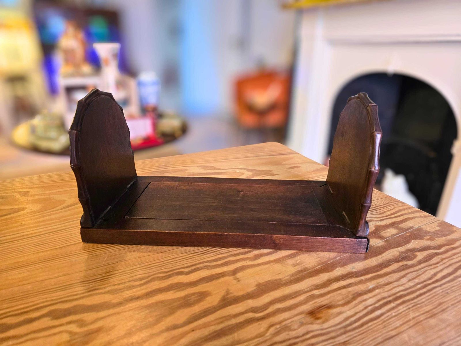 Antique Expanding Dark Wood Book Slide Roosters And Bamboo Detail photo furniture