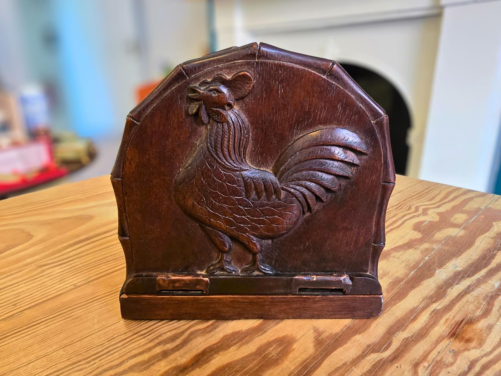 Antique Expanding Dark Wood Book Slide Roosters And Bamboo Detail photo Furniture