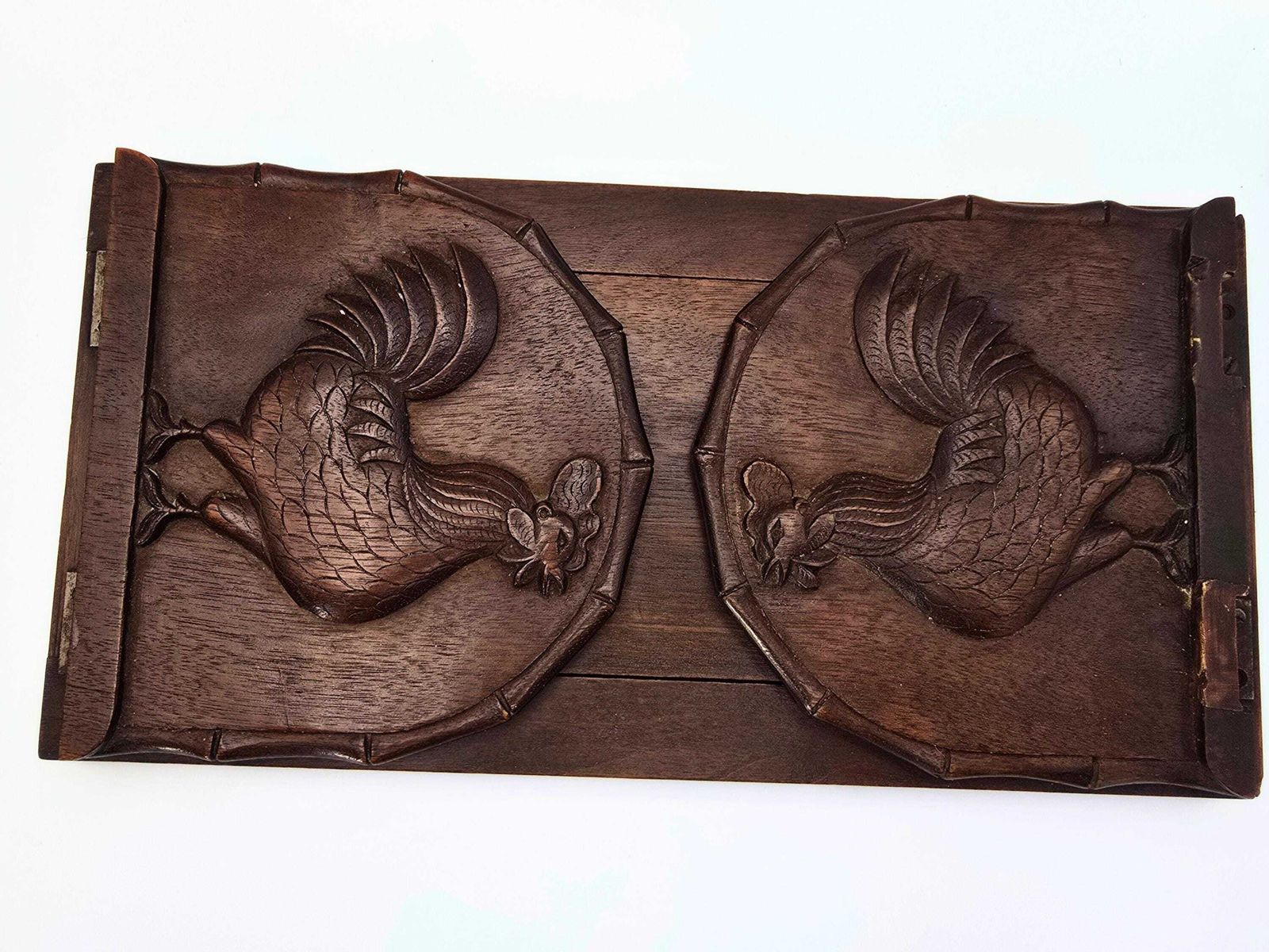 Antique Expanding Dark Wood Book Slide Roosters And Bamboo Detail photo buy