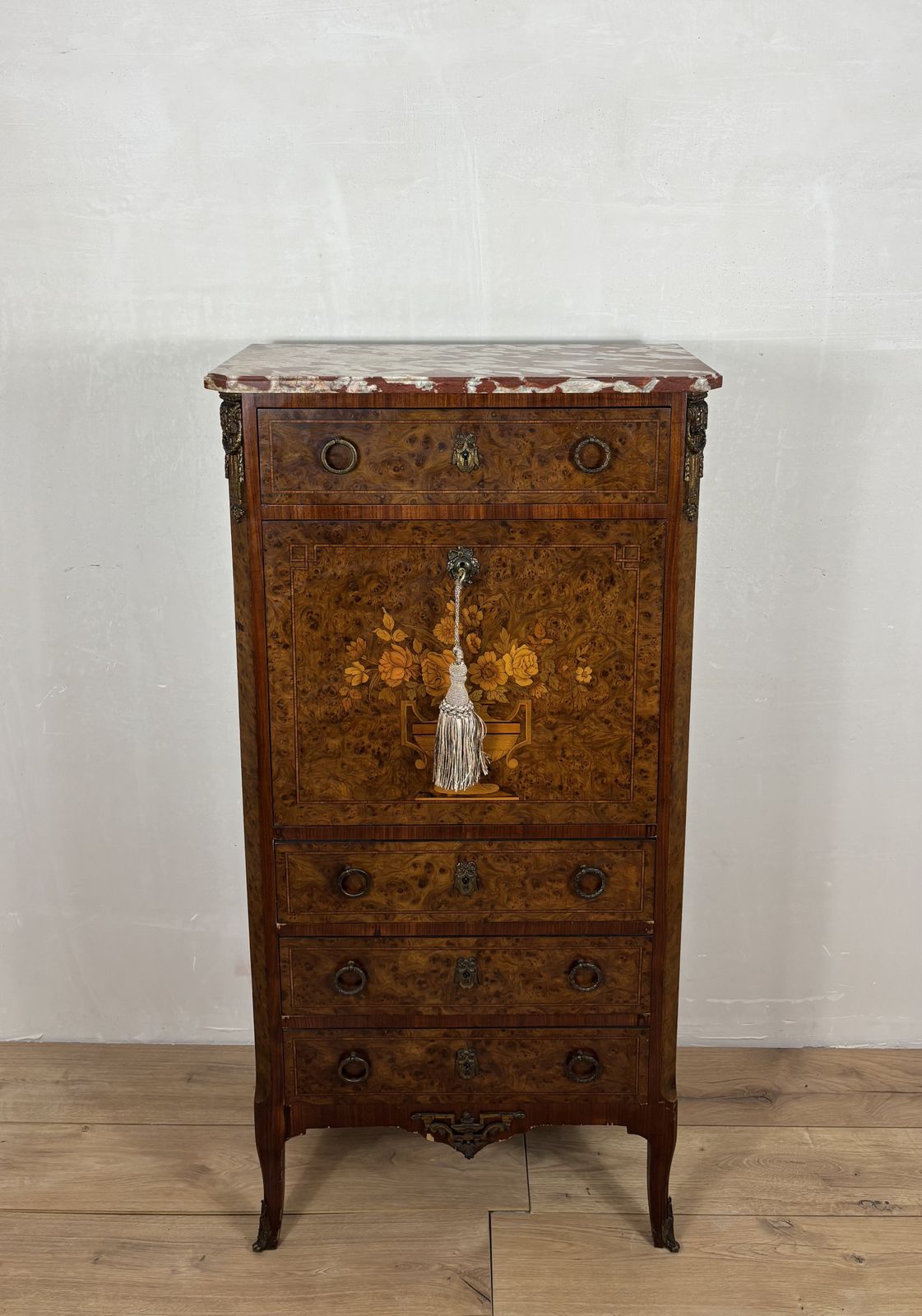 French Louis XVI Style Burl Wood Secretary Chest With Marble Top, 1930s photo for sale
