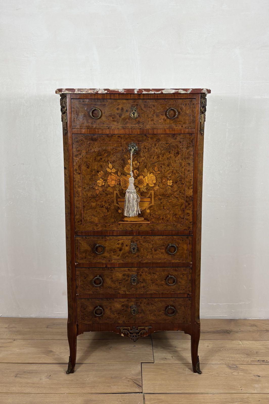 French Louis XVI Style Burl Wood Secretary Chest With Marble Top, 1930s photo Furniture