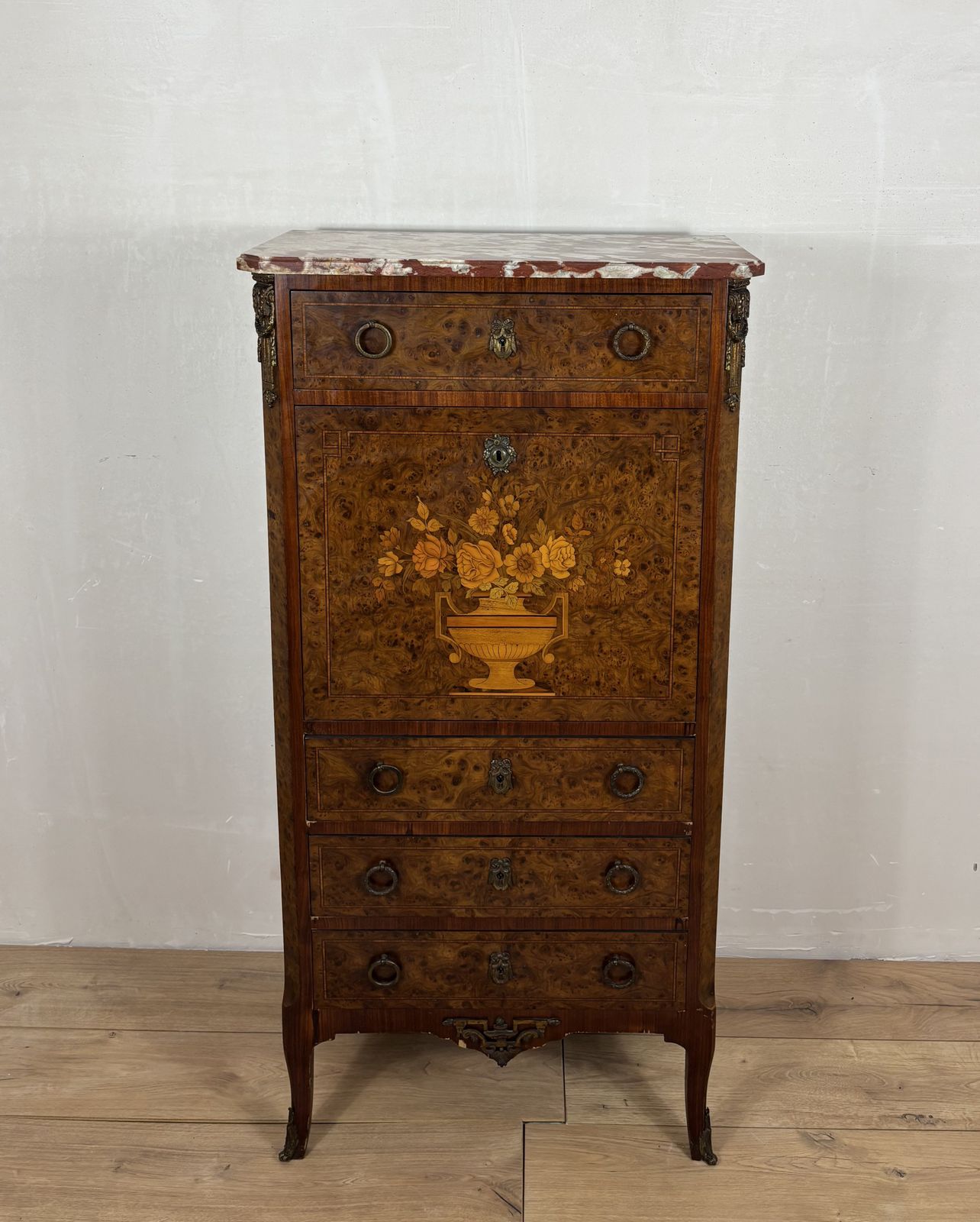 French Louis XVI Style Burl Wood Secretary Chest With Marble Top, 1930s photo 3430.0