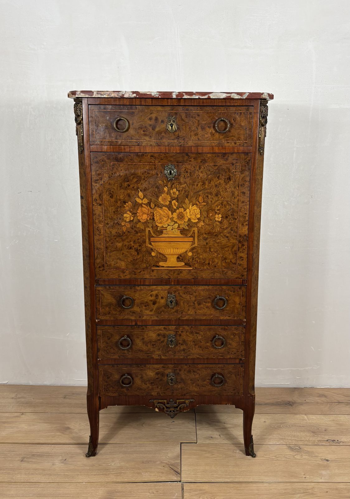 French Louis XVI Style Burl Wood Secretary Chest With Marble Top, 1930s photo vinterior