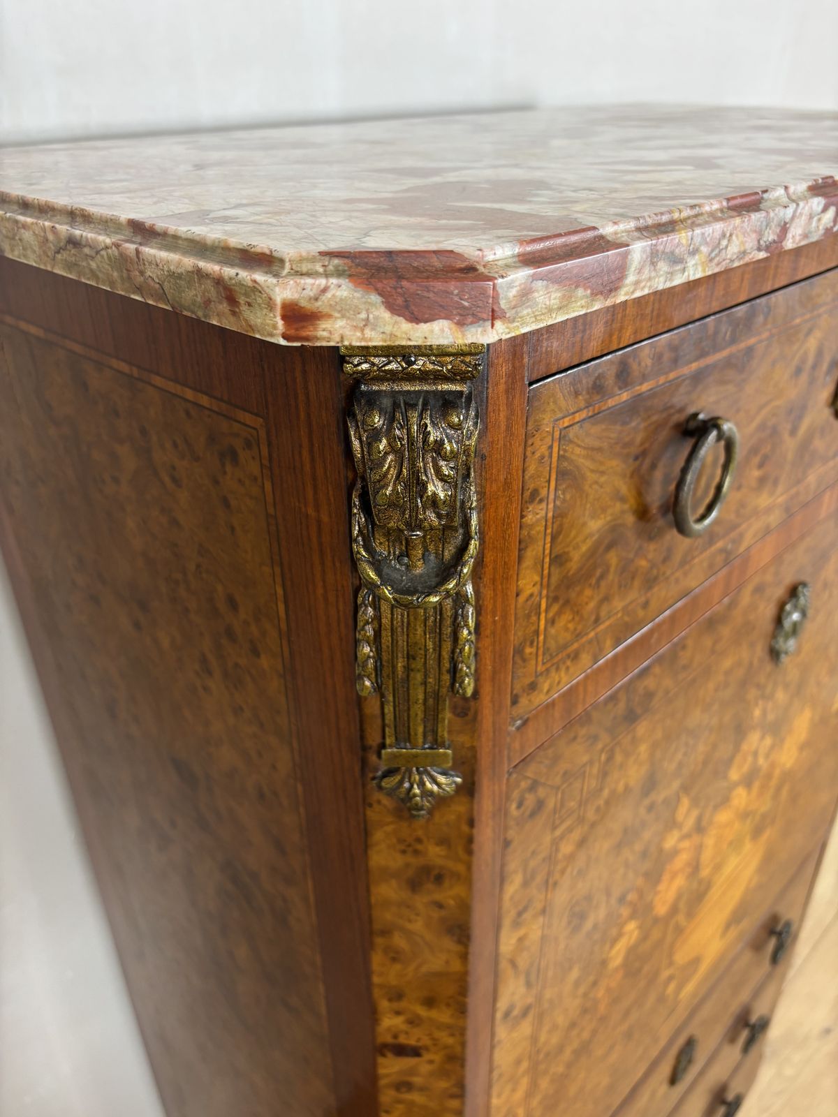 photo furniture French Louis XVI Style Burl Wood Secretary Chest With Marble Top, 1930s