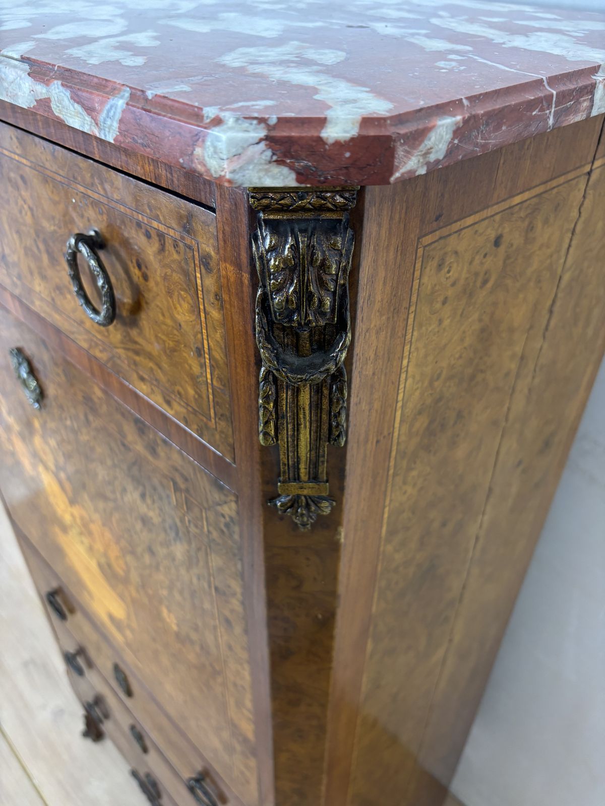 Furniture French Louis XVI Style Burl Wood Secretary Chest With Marble Top, 1930s photo