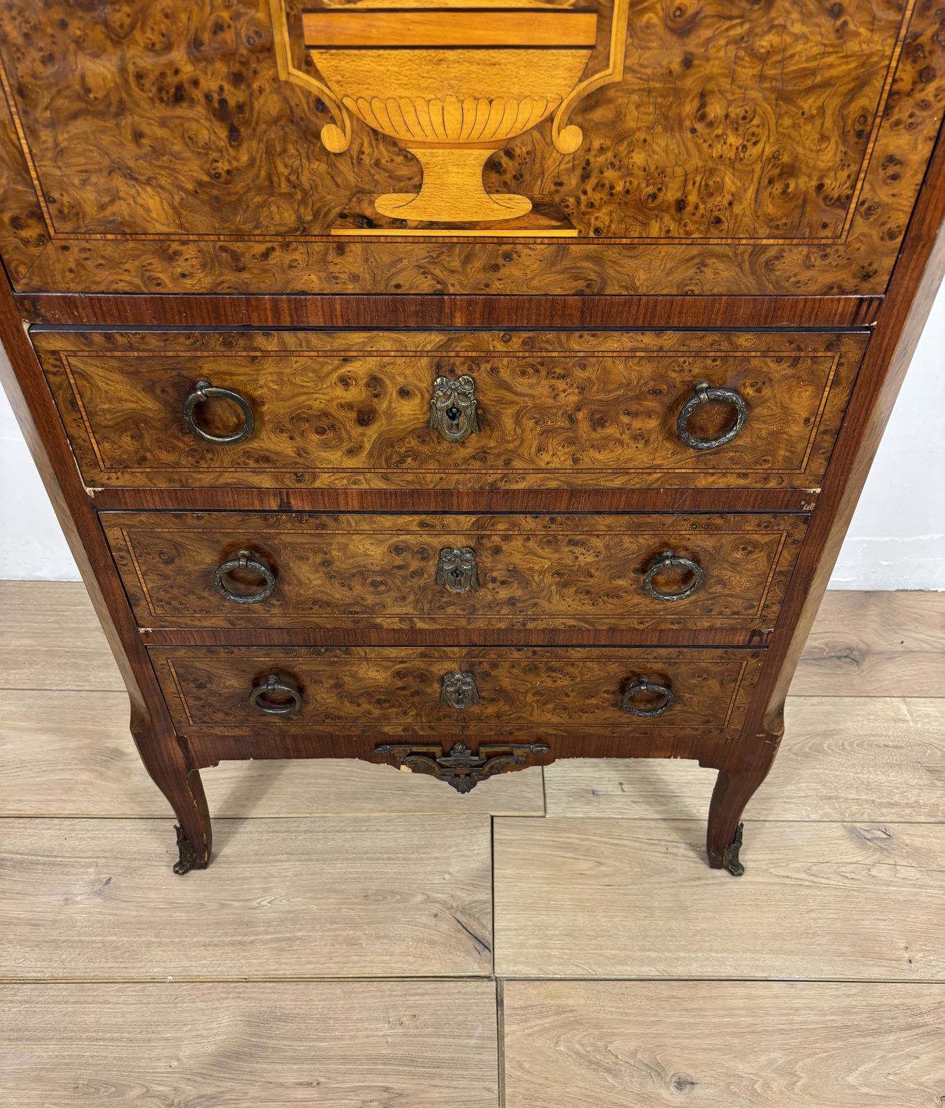 photo vinterior French Louis XVI Style Burl Wood Secretary Chest With Marble Top, 1930s