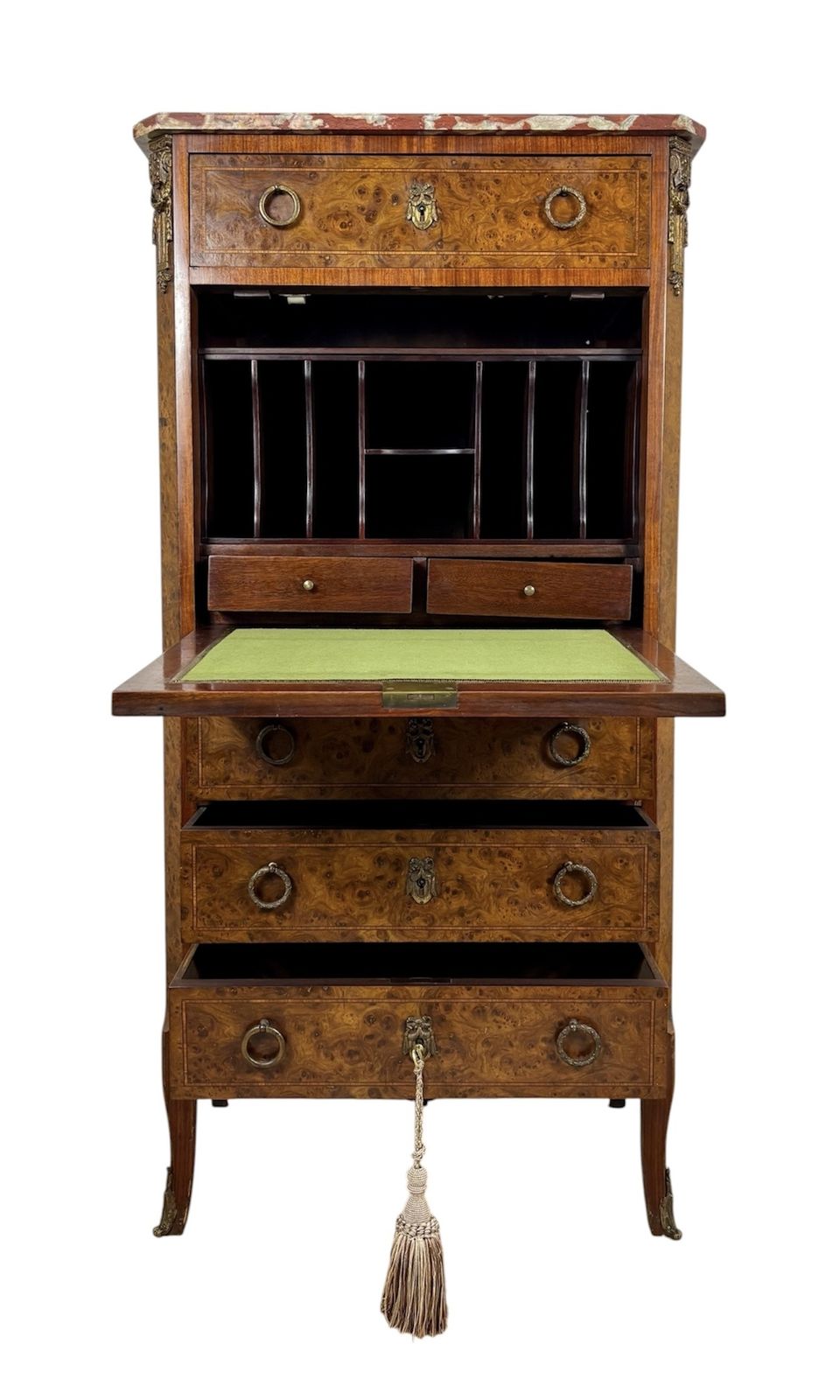 Franse Secretaire In Louis XVI Stijl Met Wortelhoutfineer En Marmeren Blad, Jaren 1930