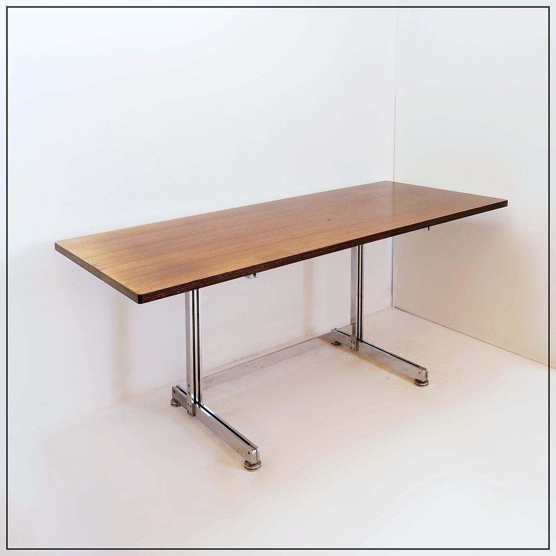 photo vinterior Jules Wabbes Cintree Desk, Laminated Wood & Chrome, Belgium, 1968