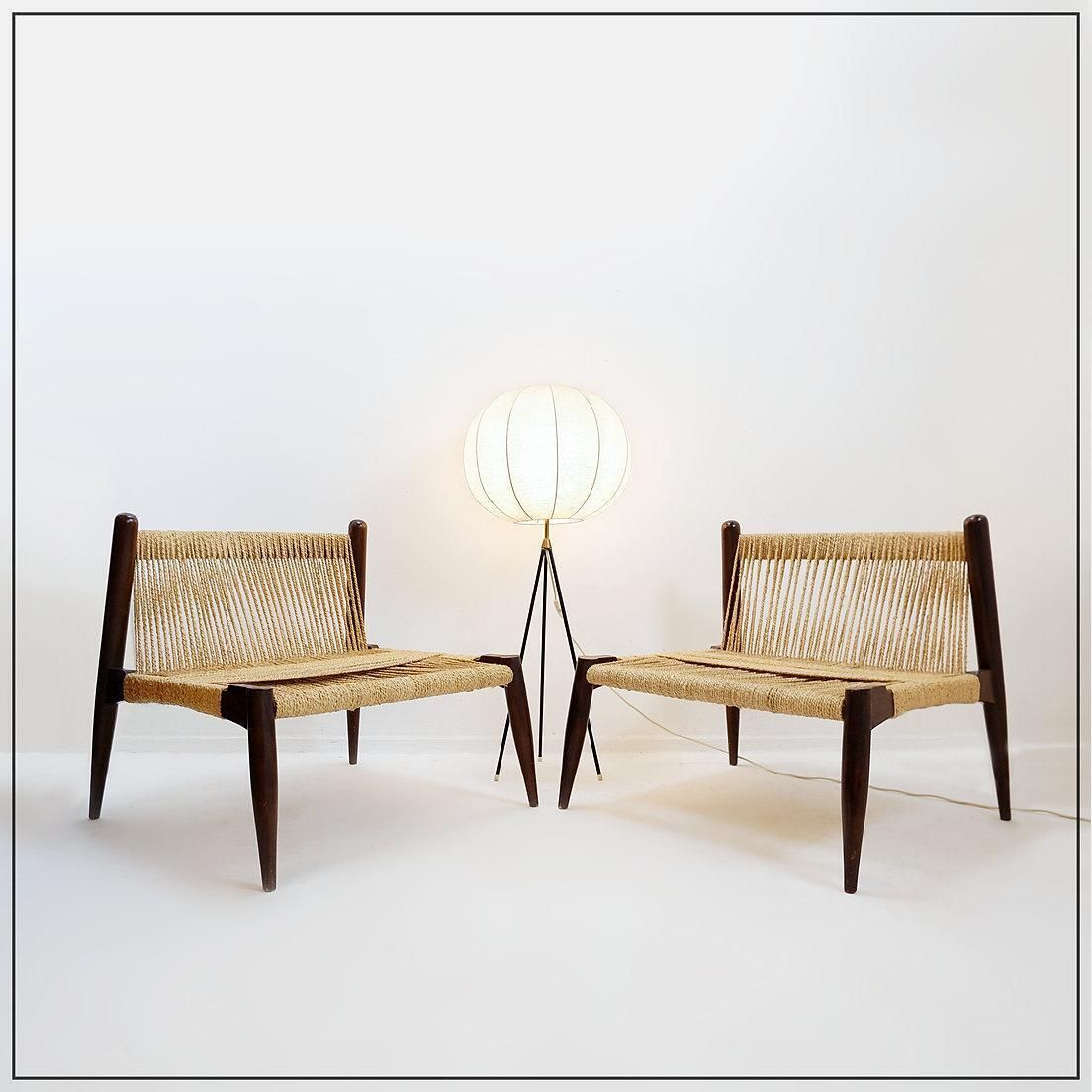 Pair Of Jute Rope Weave And Solid Wood Lounge Chairs photo furniture
