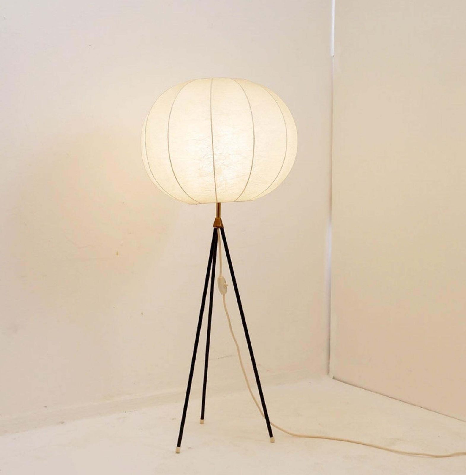 Lighting Vintage Cocoon Tripod Floor Lamp With Brass Accents, 1960s photo