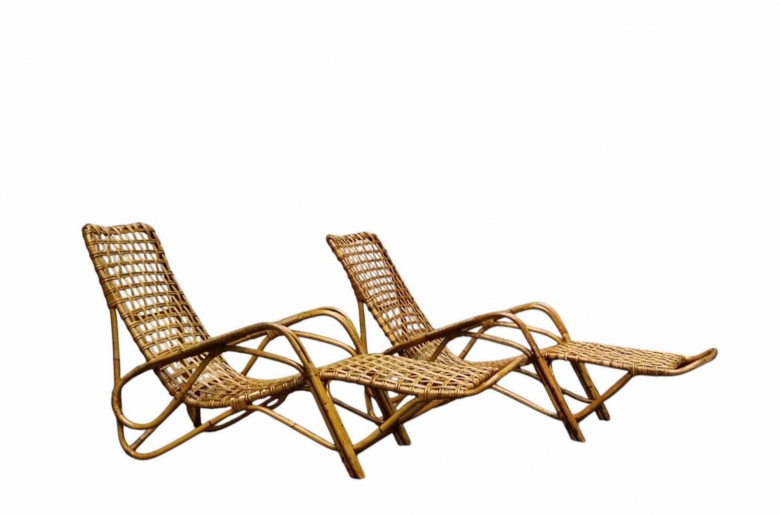 Tito Agnoli Attrib. Pair Of Rattan And Bamboo Woven Chaise Longues photo furniture