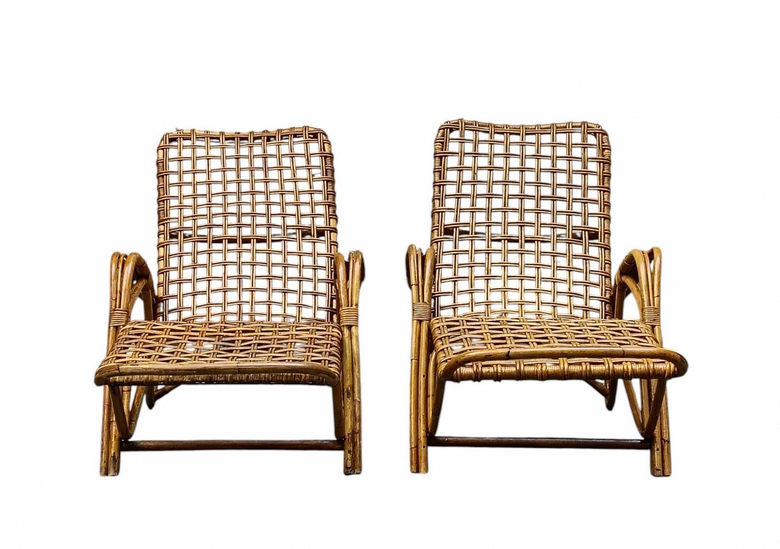 Tito Agnoli Attrib. Pair Of Rattan And Bamboo Woven Chaise Longues photo for sale