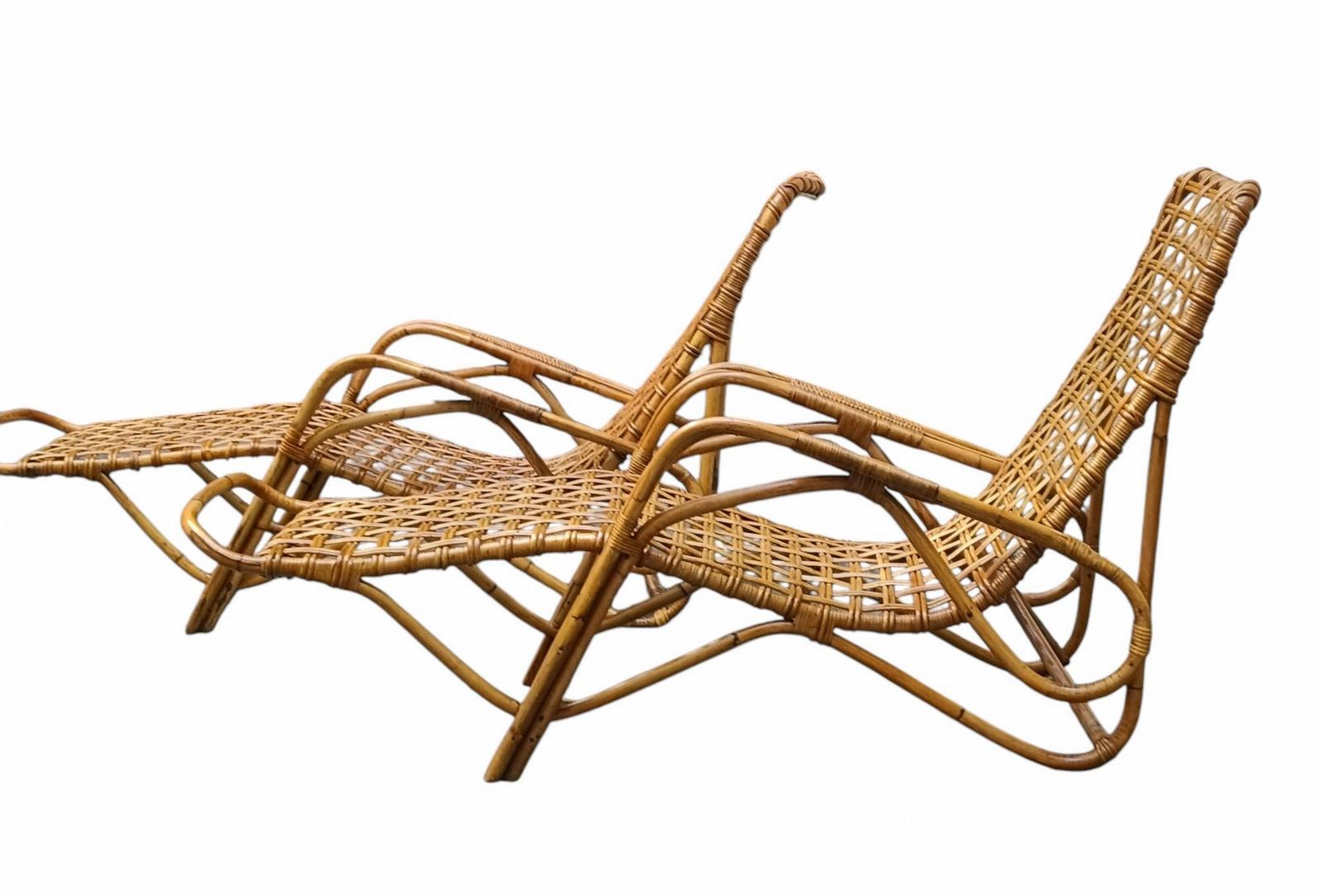 Tito Agnoli Attrib. Pair Of Rattan And Bamboo Woven Chaise Longues photo Furniture