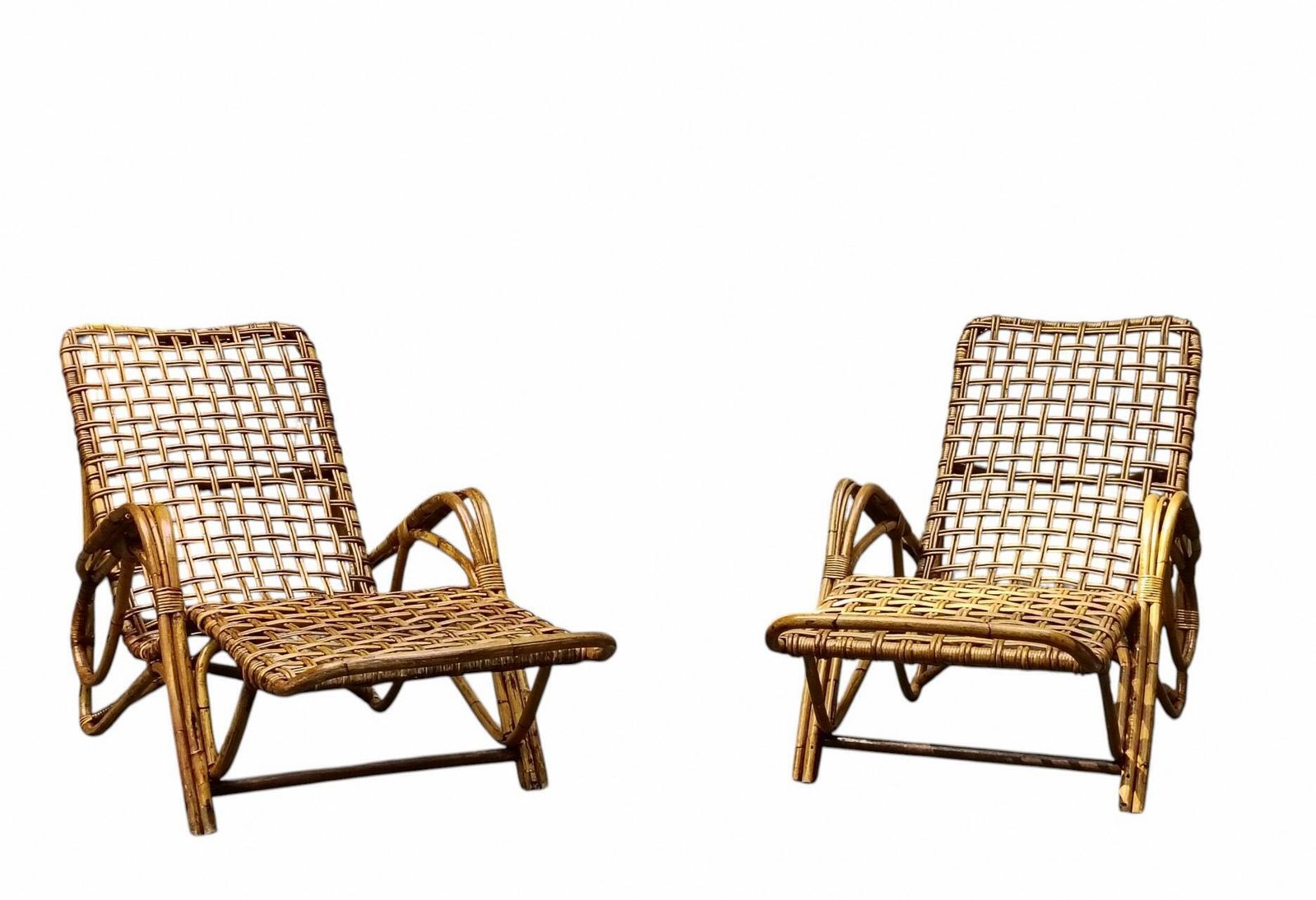 Tito Agnoli Attrib. Pair Of Rattan And Bamboo Woven Chaise Longues photo buy