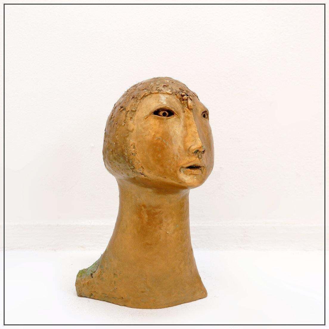 Gilded Terracotta Woman's Head Sculpture, 21st Century Tribal Art photo vinterior