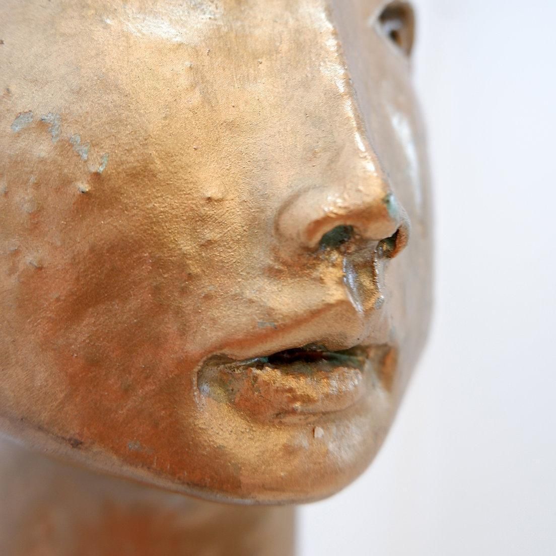 photo buy Gilded Terracotta Woman's Head Sculpture, 21st Century Tribal Art