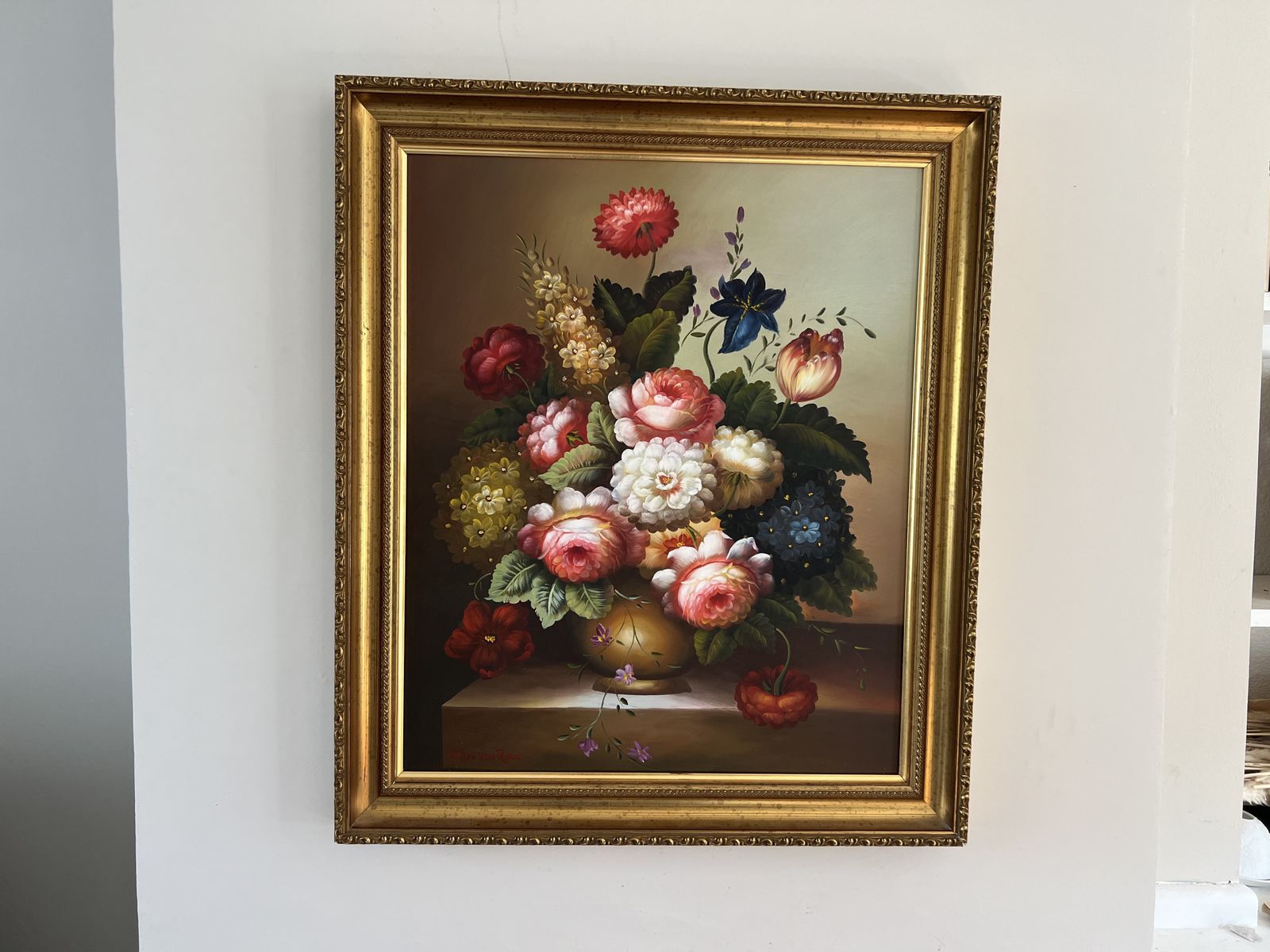 Vintage Mid Century Floral Still Life Oil Painting Signed | Large Gold Frame | Vibrant Bouquet Mcm Wall Art | photo furniture
