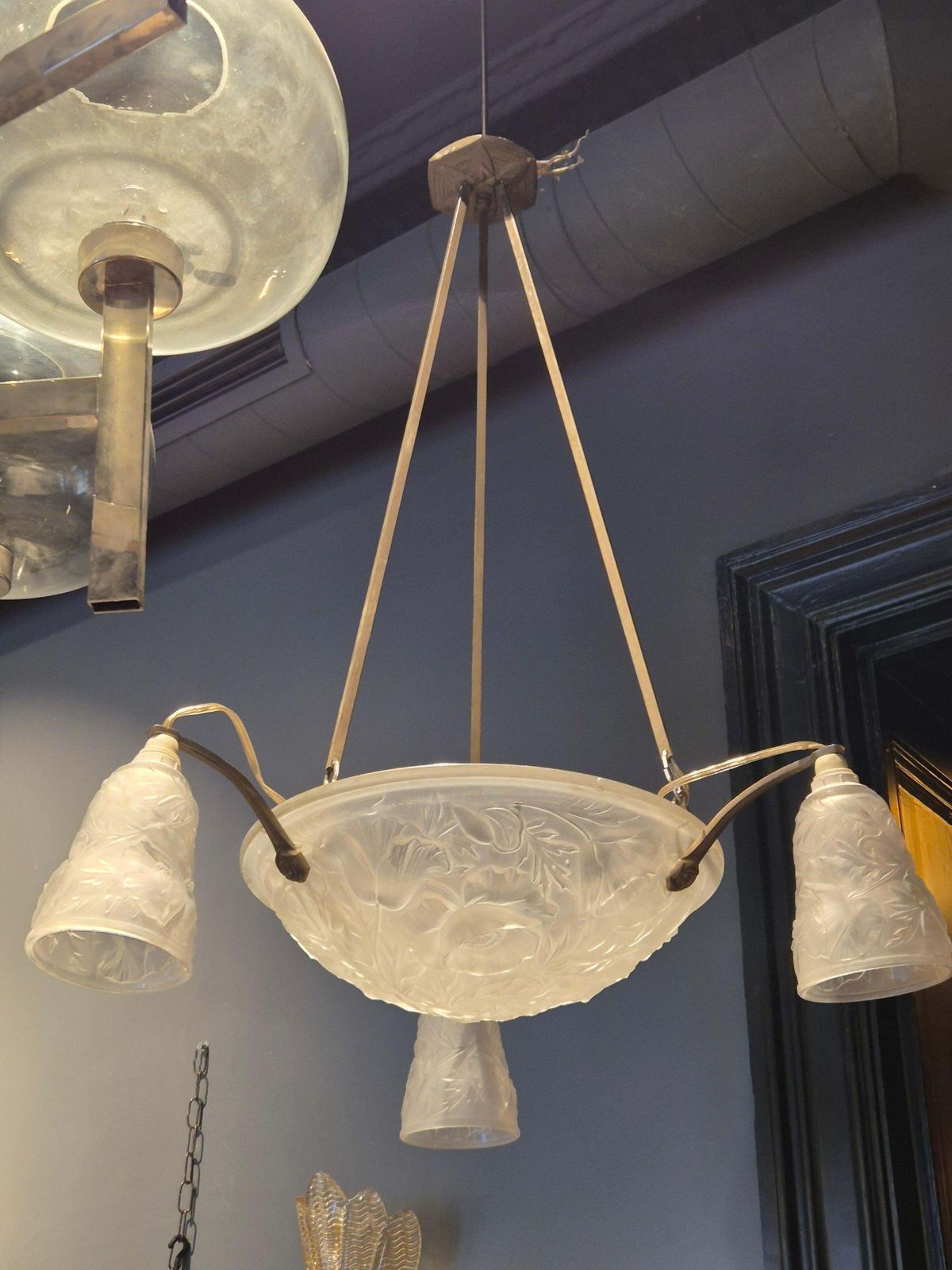 Art Nouveau Chandelier, Glass Shades With Decor Of Poppies, France 1920s. photo vinterior