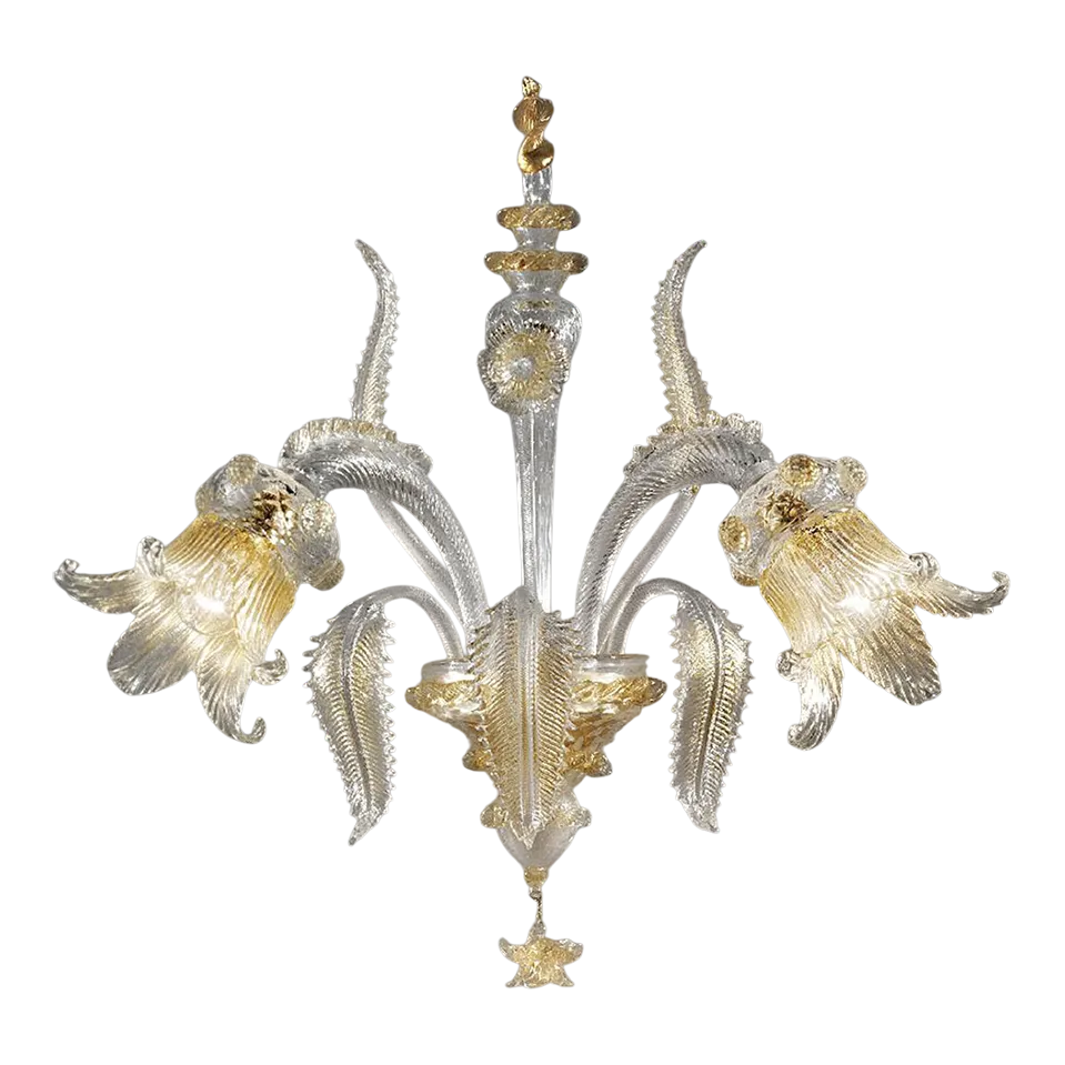Luxury Italian Clear And Gold Leaf Wall Sconce R With Flowers And Leaves Murano Glass