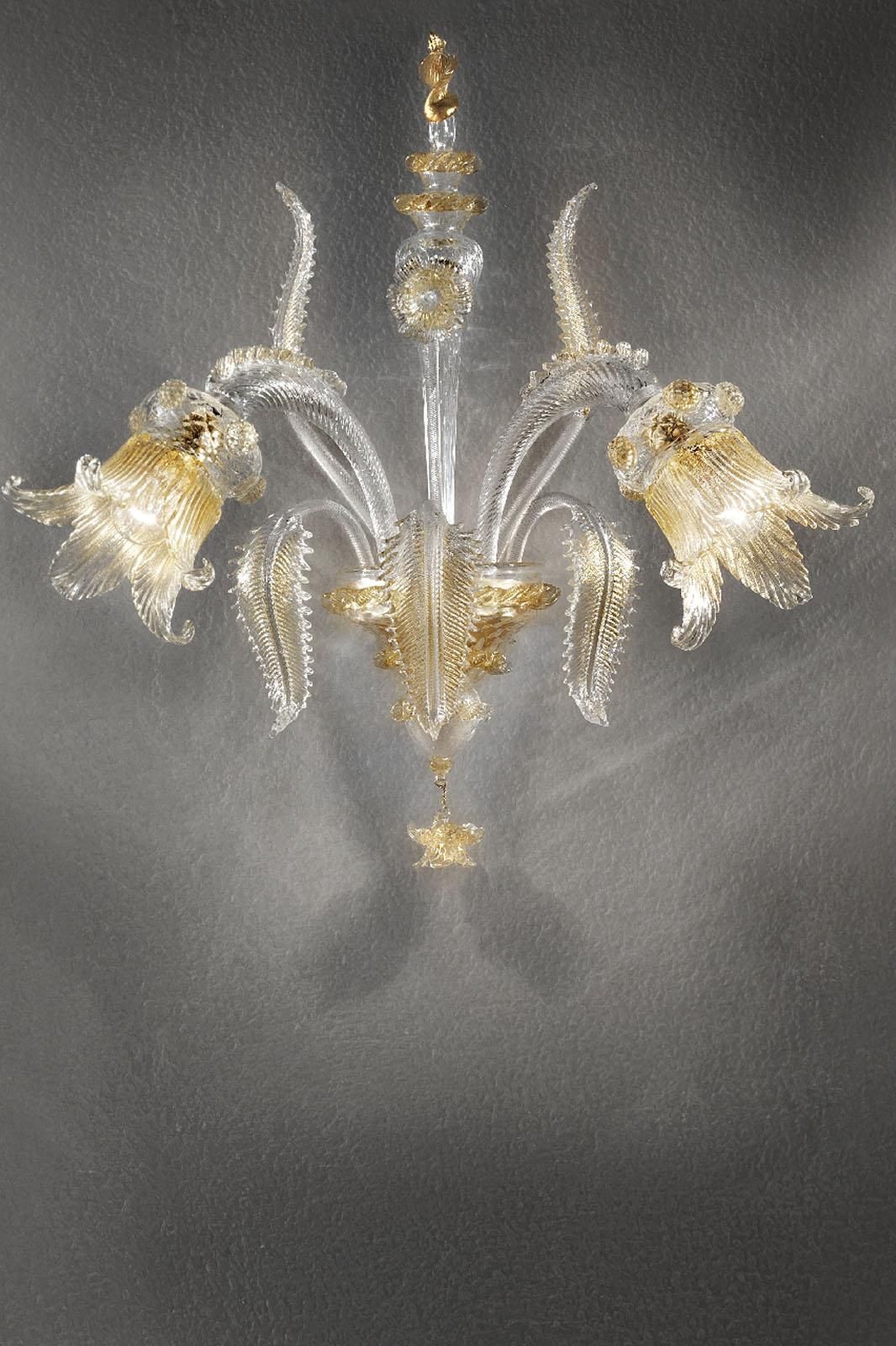 Luxury Italian Clear And Gold Leaf Wall Sconce R With Flowers And Leaves Murano Glass photo 4503.0