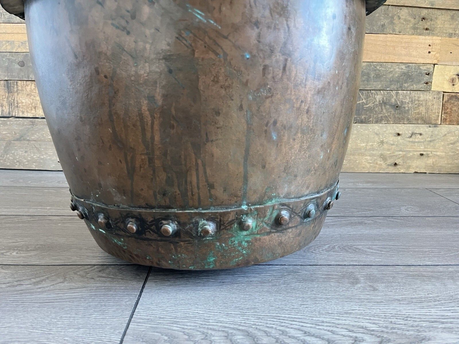 Antique Riveted Copper Wash Pot Farmhouse Jardiniere Planter Log Bin Box Storage photo 375.0
