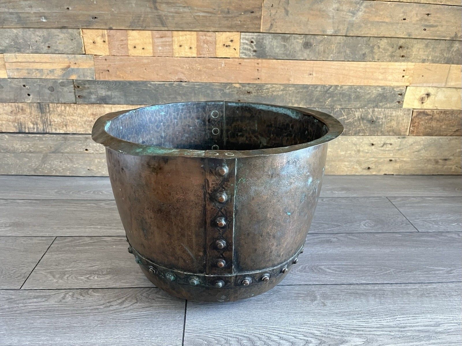 photo for sale Antique Riveted Copper Wash Pot Farmhouse Jardiniere Planter Log Bin Box Storage