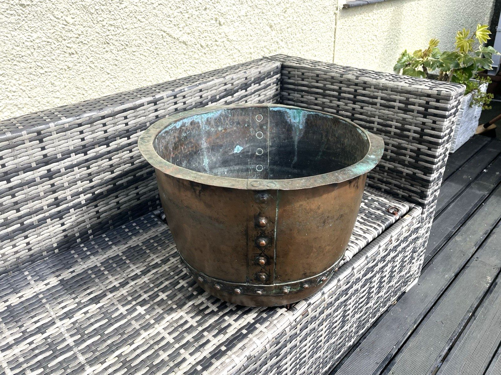 375.0 Antique Riveted Copper Wash Pot Farmhouse Jardiniere Planter Log Bin Box Storage photo