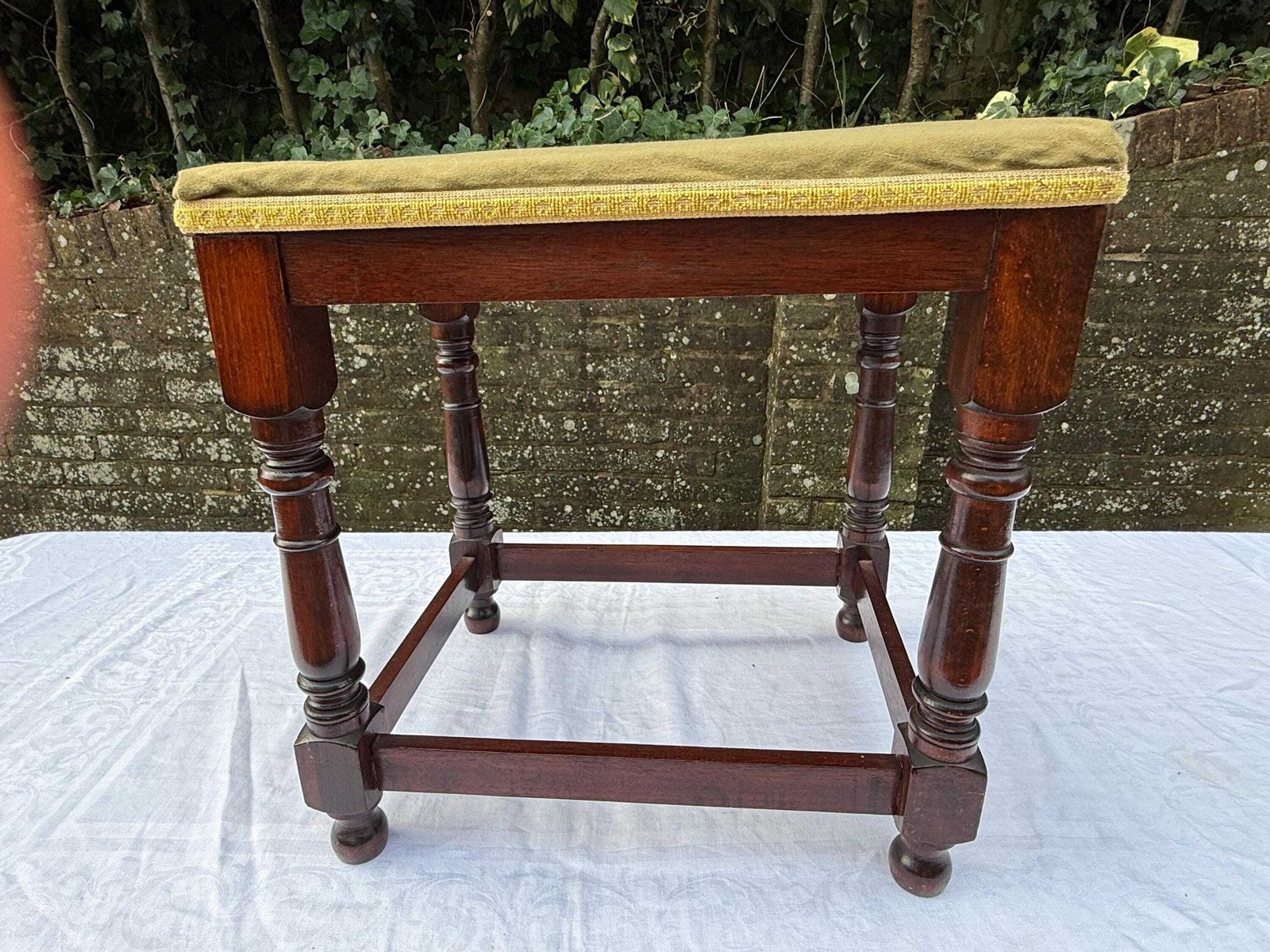 Vintage Upholstered Mahogany Footstool Or Occasional, Vanity Stool With Turned Legs And Green Velvet Like Seat photo buy