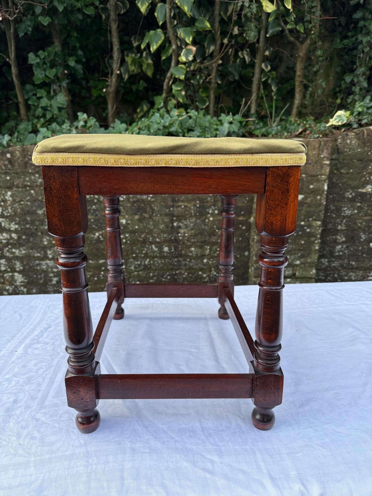 photo buy Vintage Upholstered Mahogany Footstool Or Occasional, Vanity Stool With Turned Legs And Green Velvet Like Seat